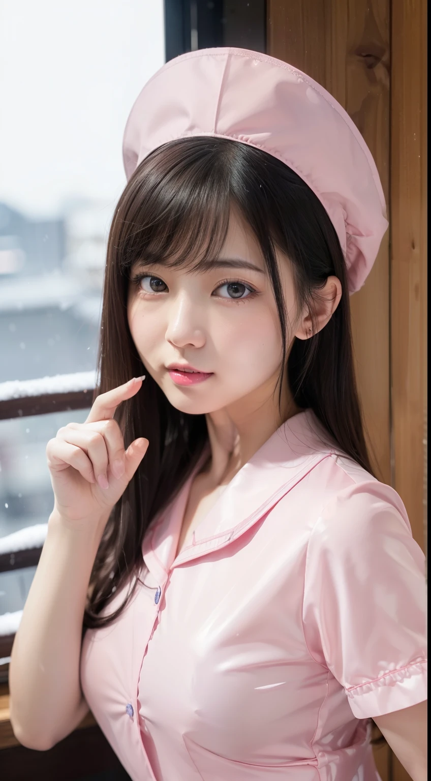 (1人の女性、japanes、22year old、Refreshing、unclear、Gentle、stylish、attractive narrow eyes、wretched、天使のようにcute little、cute little、cute、bbw、Black eyes、idol,女優,Sagging milk）,(large drooping breasts).(very cute)、(A dark-haired),mesmerizing eyes、(in 8K、Raw photography、top-quality、​masterpiece:1.2、optimal lighting)、masterpiece,(Photos taken by professional photographers),(realisitic、フォトrealisitic:1.37),break,( A nurse's uniform with a pink shiny and shiny texture),(A slightly naughty pink nurse uniform made of enamel material),paw pose,dynamic angle,I'm on a snowy mountain,screaming