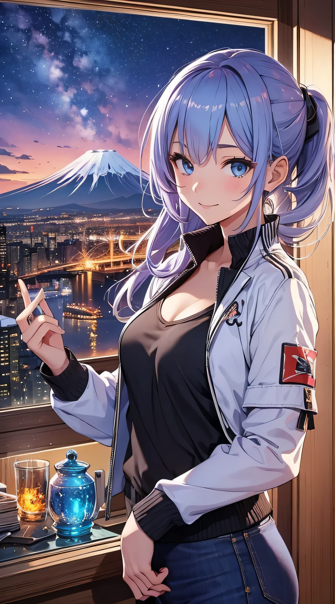 top-quality、Top image quality、​masterpiece、teens girl((18year old、 Ager、Best Bust、Medium bust,wide open breast tea、light blue eyerest, bionde、poneyTail、A slender,White jacket、Blue tank top、Black pants、raise both arm、The best smile、Laugh)),hiquality、Beautiful Art、Background with((jpn、Mt fuji、Summit of Mt、Night World))masutepiece、depth of fields、movie、visualart、Perfect Art