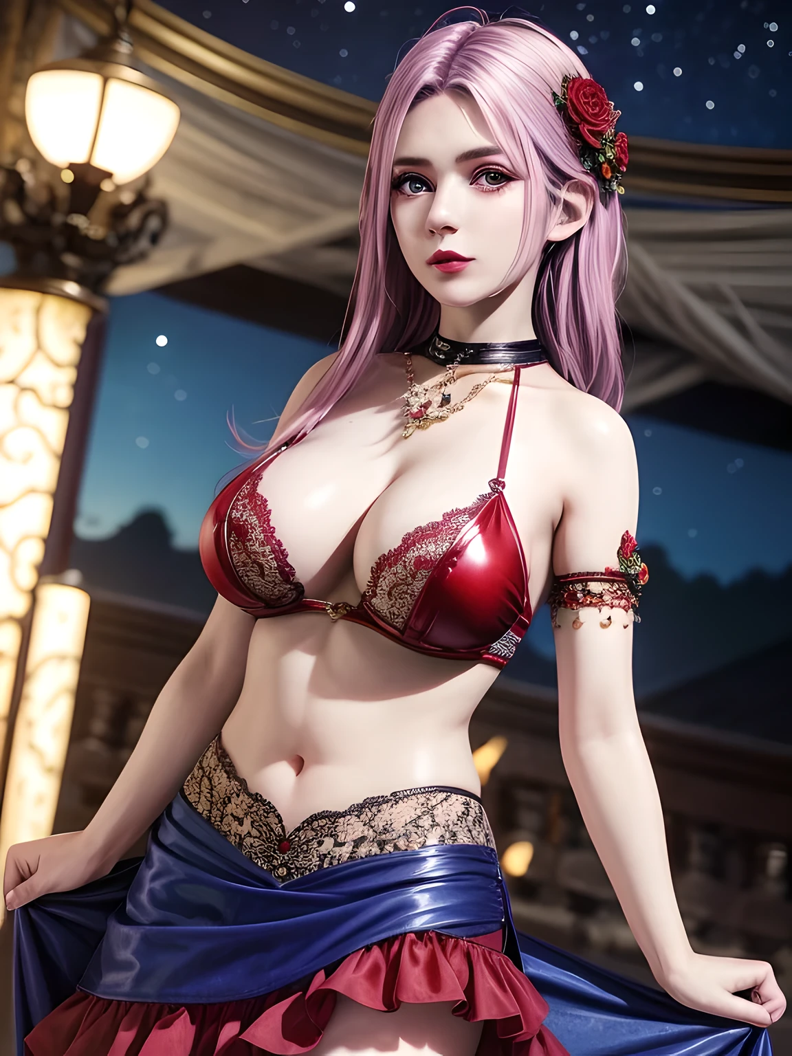 Desaturate Hue, 流行超Realistis,1 girl,Vampires, Elise,(Wear red and blue color style; floral lace layered skirt),jewely,Tattooed with,Redlip,(Glossy glossy skin:1.4),鎖骨,gigantic cleavage breasts,during night, full_themoon, As estrelas,(tmasterpiece:1.5), (Best quality at best:1.35),(Realistis:1.4), detailed,8K,computer graphics image processing,detailed头发,,Expressive eyes, s the perfect face, real fingers,depth of fields,Similar colors,a warm color palette,softlighting,low-contrast,hard shadows,full body,