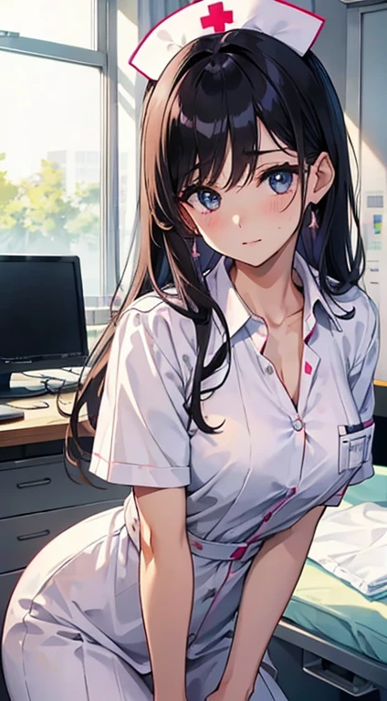 Beautuful Women、The upper part of the body、bustup、Put your chest on the desk、hospitals、Long、nurse、nurse、Glamour、White shirt