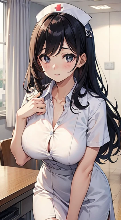 Beautuful Women、The upper part of the body、bustup、Put your chest on the desk、hospitals、Long、nurse、nurse、Glamour、White shirt