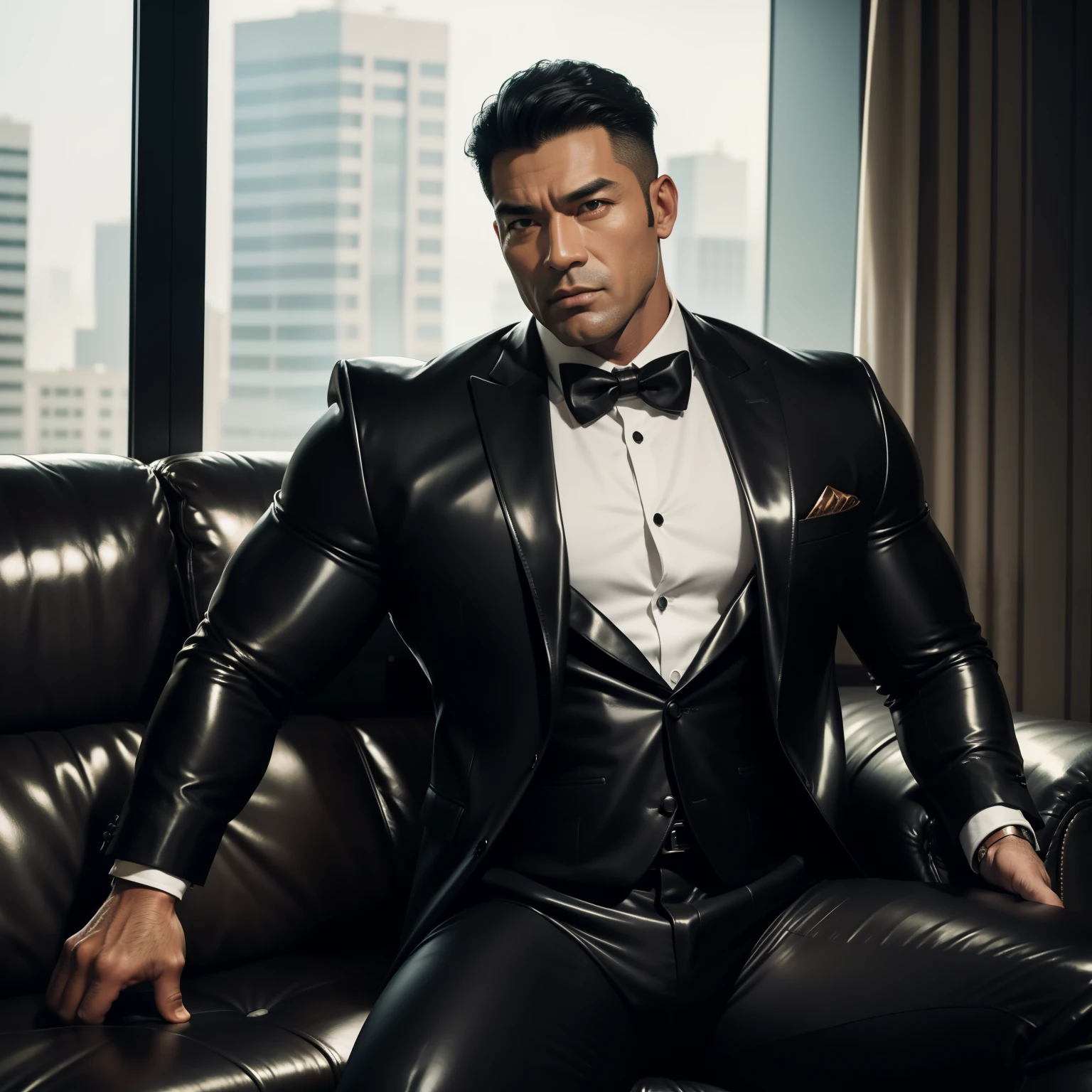 30 years old,daddy,"shiny suit ",Dad sat on sofa,k hd,in the office,"big muscle", gay ,black hair,asia face,masculine,strong man,the boss is,handsome,,leather gloves,lecherous dad,look straight ahead,dad is handsome,dad is handsome ,dad is "horny dad"