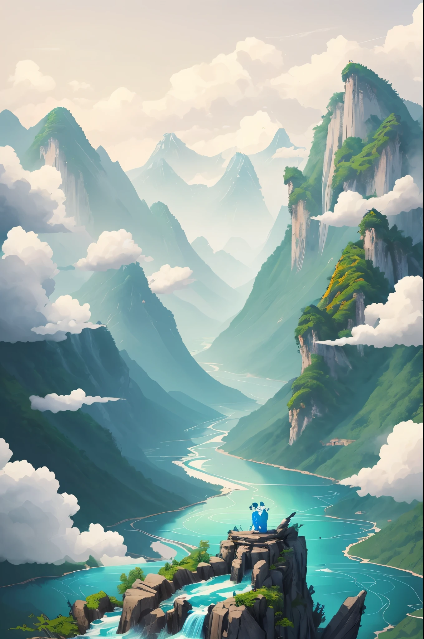 Chinese illustration on white background,outlet,mountain water,Auspicious clouds,Super refined,blue green,Illustration style,3D