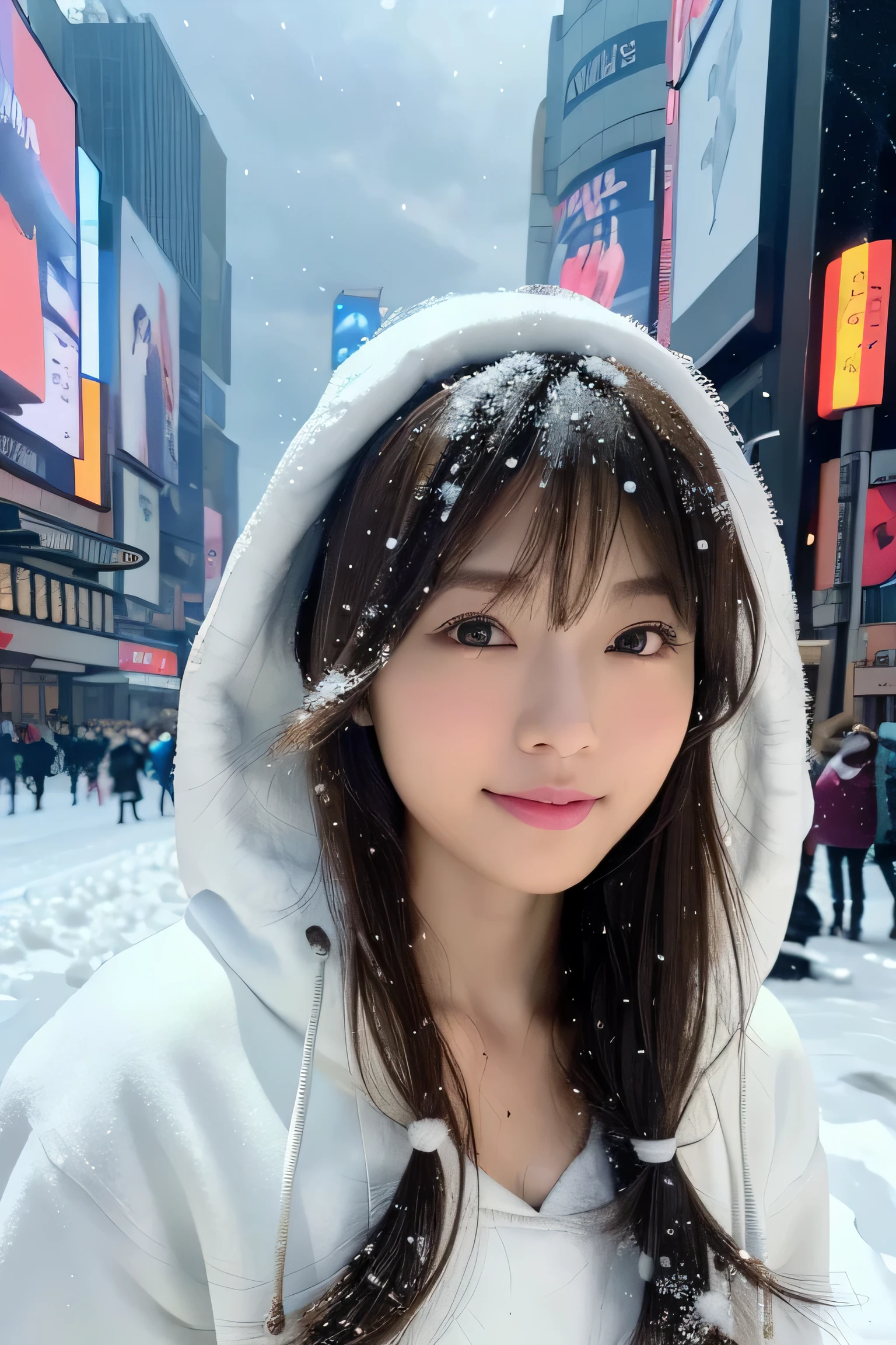 (masutepiece:1.2), ultra-detailliert, 超A high resolution, (Realistic, photo Realistic:1.37), high-definition RAW color photography, professional photograpy, extra detailed face, extremely detailed eye, highlydetailed skin, extremely detailed fingers, highly detailed nose, highly detail mouth, Perfect Anatomy, Highly detailed background, (Japanese actressl:1.2), (gals:1.3), (flat chest), Brown race, Dark skin, Very short cut hair, shadowy, hair messy, Full body, padded jacket, White hoodie, snow in my hair, (Snow in the sky:1.6), Hoodie on the head, Cinematic lighting, New York's Times Square on New Year's Eve, (Full body:1.3), Night time, (sparklers:1.3), countdown,