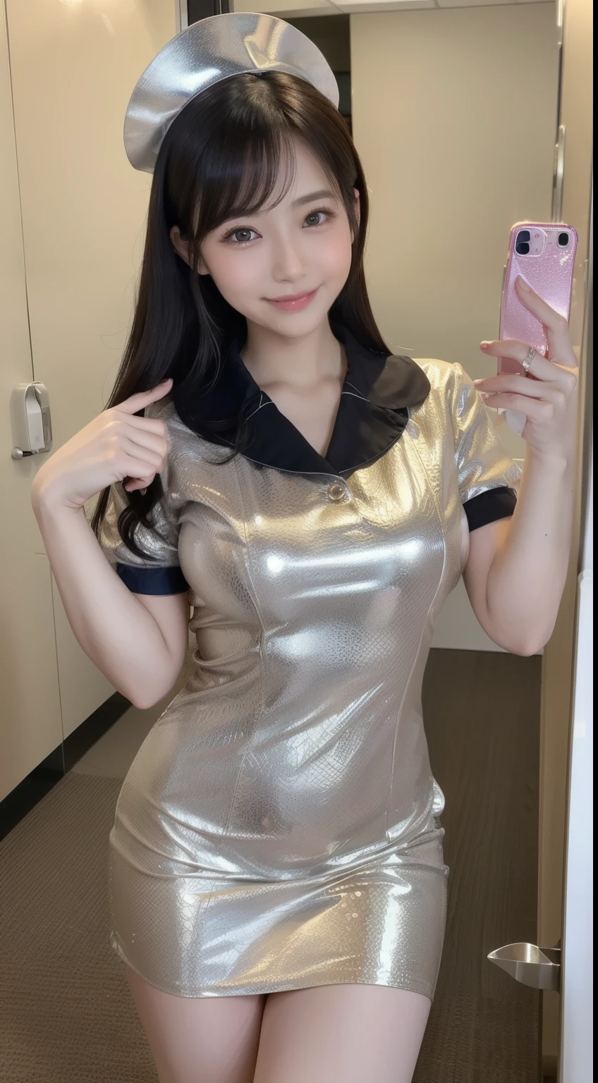(1人の女性、japanes、22year old、Refreshing、unclear、Gentle、stylish、attractive narrow eyes、wretched、天使のようにcute little、cute little、cute、bbw、Black eyes、idol,女優,Sagging milk）,(large drooping breasts).(very cute)、(A dark-haired),mesmerizing eyes、(in 8K、Raw photography、top-quality、​masterpiece:1.2、optimal lighting)、masterpiece,(Photos taken by professional photographers),(realisitic、フォトrealisitic:1.37),break,(nurse cosplay), ,( A nurse's uniform with a shiny and shiny texture),(A slightly naughty nurse uniform made of enamel material),paw pose,dynamic angle,Happy smile