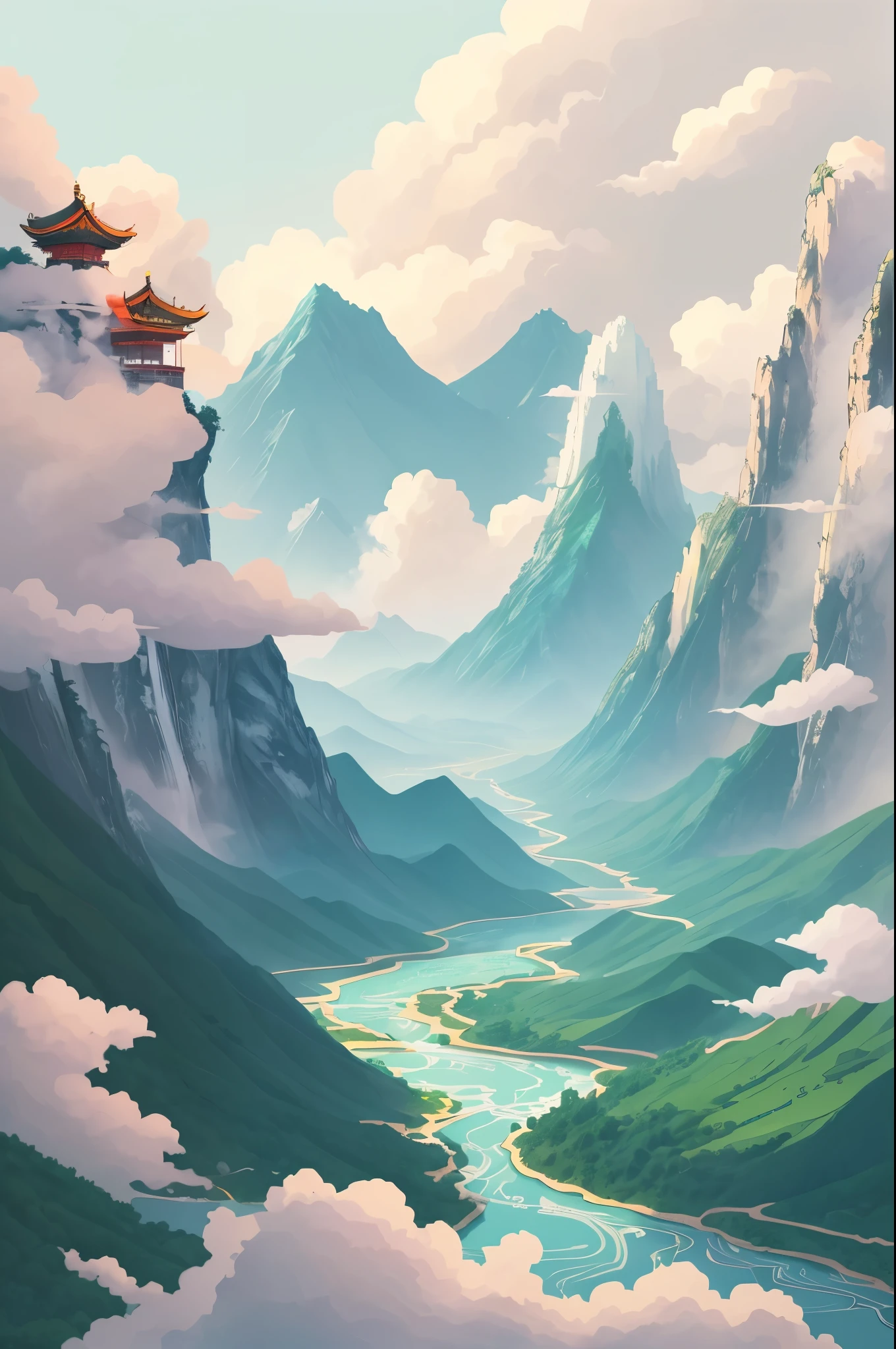 Chinese illustration on white background,outlet,mountain water,Auspicious clouds,Super refined,blue green,Illustration style,3D