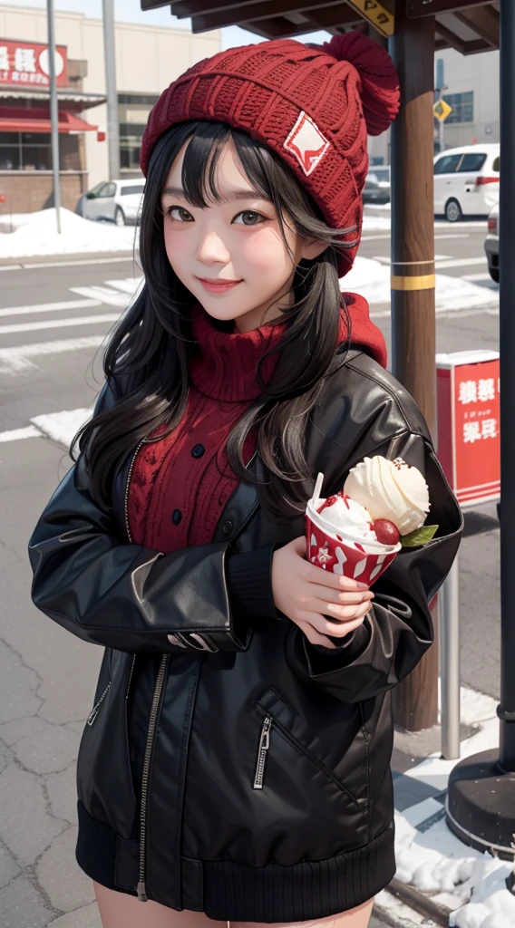 Hokkaido、yuki、kawaii girl、Black long-haired、Red knitted hat、High school students、ice cream、station、gentle、nice smile、Cheek cute、Universally accepted、attract notice、innocence、Standing、