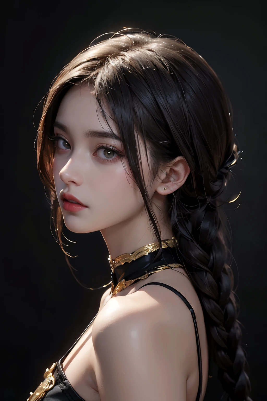 painterly digital painting, A soldier clad in a striking gothic outfit, adorned with intricate gold embroidery and ornate trims. The portrait shot captures their detailed face, highlighted by the warm, golden neon light that casts a dramatic glow upon their features. The soldier's eyes, painted with a smoky kohl, gaze intently into the distance, conveying a sense of mystery and power. Their lips, tinged with a deep crimson hue, are set in a determined line, revealing their steely resolve. The soldier's hair, styled into tight braids, cascades down their back, accentuating the strong angles of their face and the defined muscles of their shoulders. The background is dark and eerie, with a glimpse of a decaying cityscape visible through the golden haze, adding to the overall atmosphere of conflict and despair. The golden neon sign, shaped like a sword piercing a heart, hovers above them, seemingly echoing their tortured inner turmoil and the burden they bear as both a protector and a destroyer., digital painting by Ilya Kuvshinov with painterly brush strokes, by Ilya Kuvshinov, painterly masterpiece