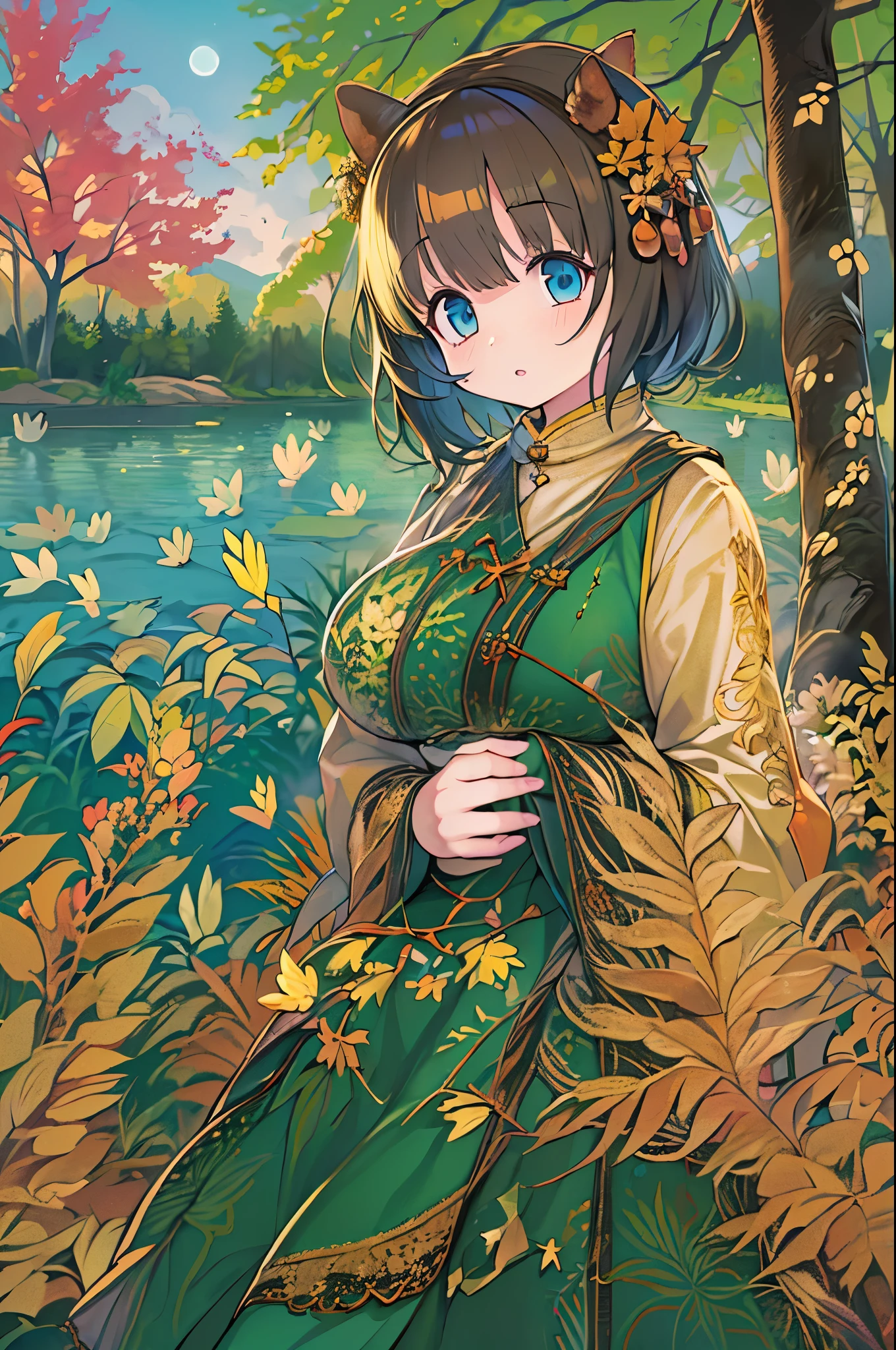 1girl in, against_tree, aki_shizuha, irate_vein, Autumn, Autumn_枯fronds, Bangs, Bare_tree, Blue_Eyes, blunt_Bangs, branch, Night, Dress, Falling_枯fronds, forest, ginkgo_fronds, Holding_fronds, lake, fronds, frondak ground, fronds_hair_ornament detached, fronds_SUI_Head, fronds_print, Lips, lSUIg_hair, up looking_で_viewer, Maple_fronds, glad、n, Outdoors, Solo, Standing, stSUIe_lantern, tree, Under_tree, black hair, Herren