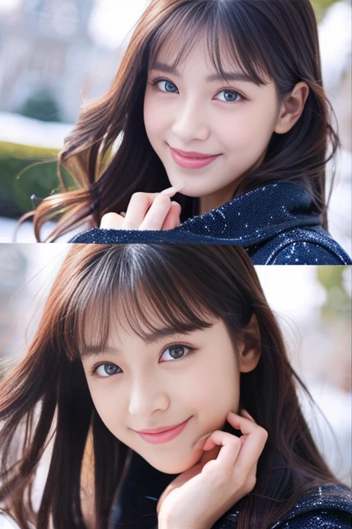 Beautiful woman with good eyes and nose、Beautiful as a model、Cute like a model、Eyes are double、How to use regular mascara、Eye color blue、Hair color pink、Her face is delicate and elegant.、8k picture、Beautiful style like a model、Ordinary large、A refreshing and lovely smile、snowball fight scene、Contains 2 types of scenes: inside and outside the house、Pose like a model、Overall portrait、Snapshots、Glamaloid Smile、Beautiful and delicate face like a model、Best Quality、masuter piece、Cute smile、 Elegant beauty、The season is winter、natural make up、Thin eyeshadow、A little more bust up、