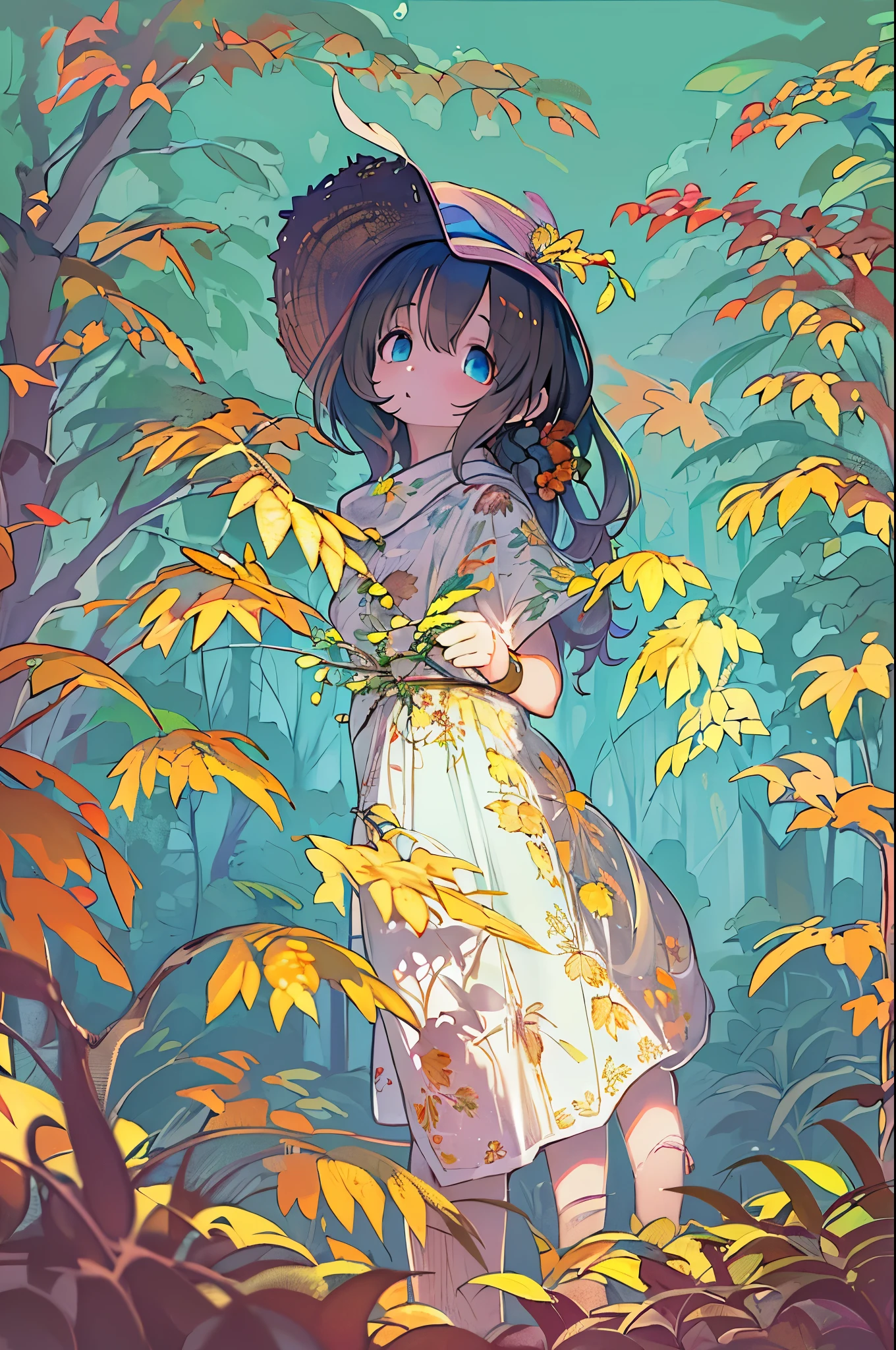 1girl in, against_tree, aki_shizuha, irate_vein, Autumn, Autumn_枯fronds, Bangs, Bare_tree, Blue_Eyes, blunt_Bangs, branch, Night, Dress, Falling_枯fronds, forest, ginkgo_fronds, Holding_fronds, lake, fronds, frondak ground, fronds_hair_ornament detached, fronds_SUI_Head, fronds_print, Lips, lSUIg_hair, up looking_で_viewer, Maple_fronds, glad、n, Outdoors, Solo, Standing, stSUIe_lantern, tree, Under_tree, black hair, Herren