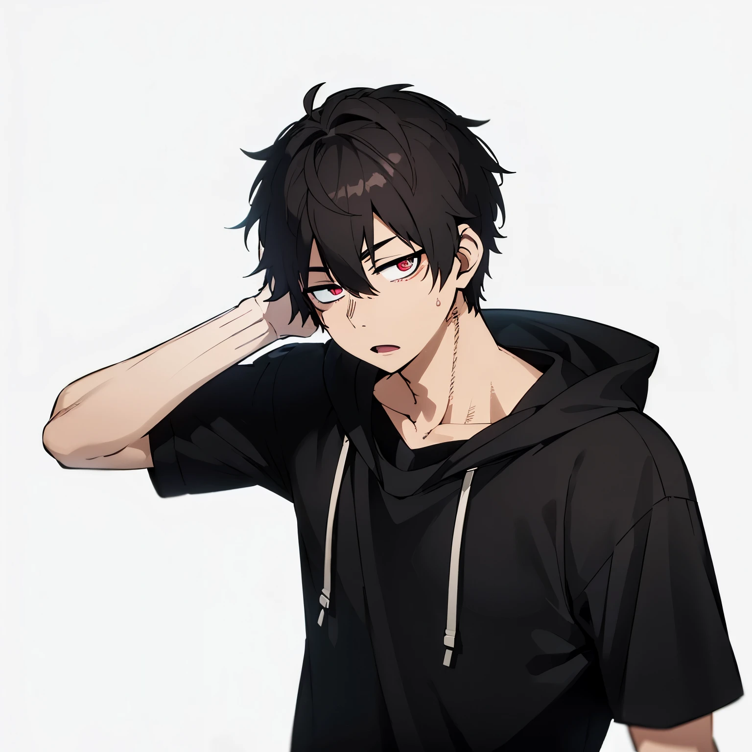 a boy, around 18 years old, black hair, black clothes, confused