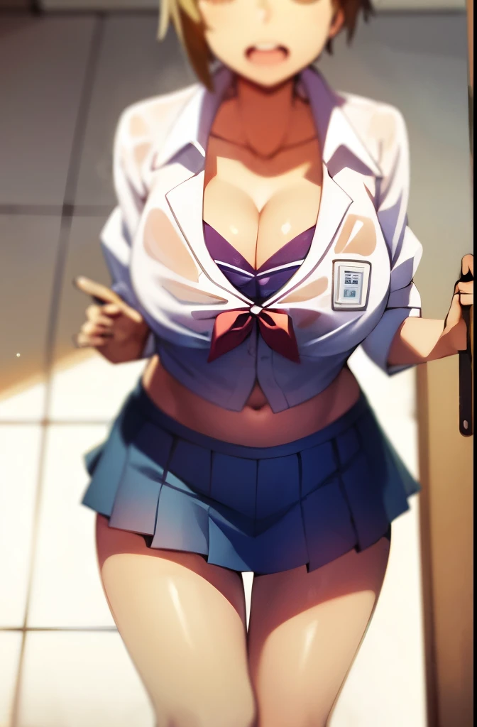 Sister, in school uniform, See-through wet and bra, 8K, Best Quality, , View camera at, Red cheeks, embarrassed, Delicate hands, Own room, dear brother, Tsundere