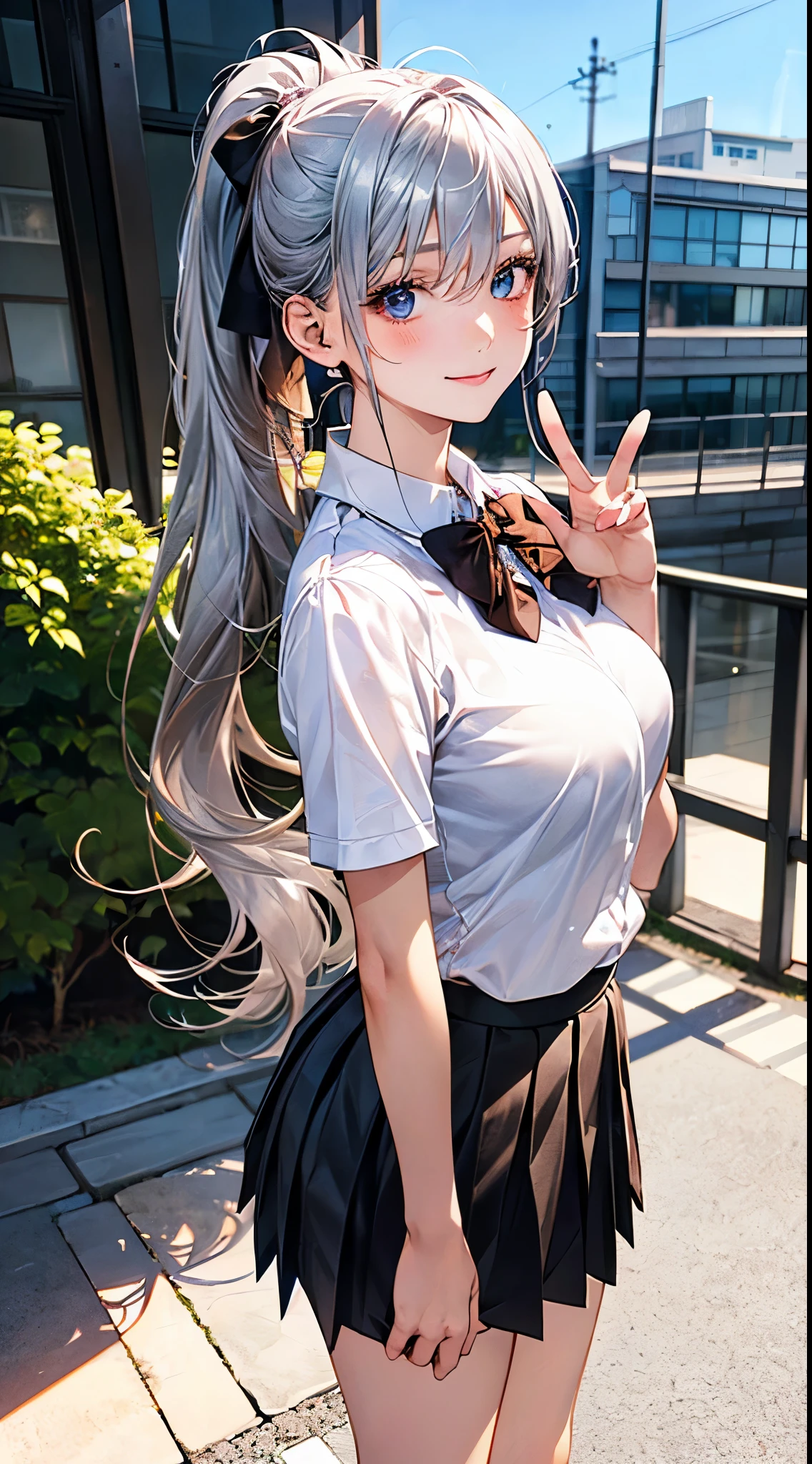 (masterpiece:1.2, top-quality), (realistic, photorealistic:1.4), beautiful illustration, looking at viewer, full body, front view:0.6, 
1 girl, japanese, high school girl, (long hair:1.5, ponytail:1.5), ((silver hair)), bangs, hair between eye, blue eyes, large breasts:0.8, break, 
beautiful hair, beautiful face, beautiful detailed eyes, beautiful clavicle, beautiful body, beautiful breasts, beautiful thighs, beautiful legs, 
((collared shirt, white shirt, pleated skirt, russet bow tie, russet hair ribbon)), white panties, 
(beautiful scenery), school, (standing, spread legs, peace sign), lovely smile,