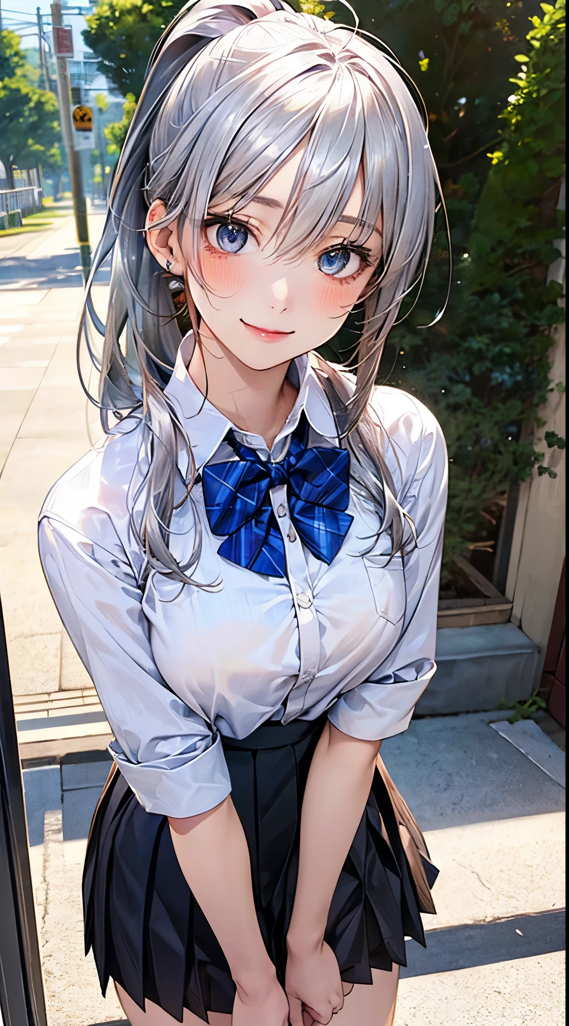 Anime girl with long gray hair and blue bow tie posing for a picture ...