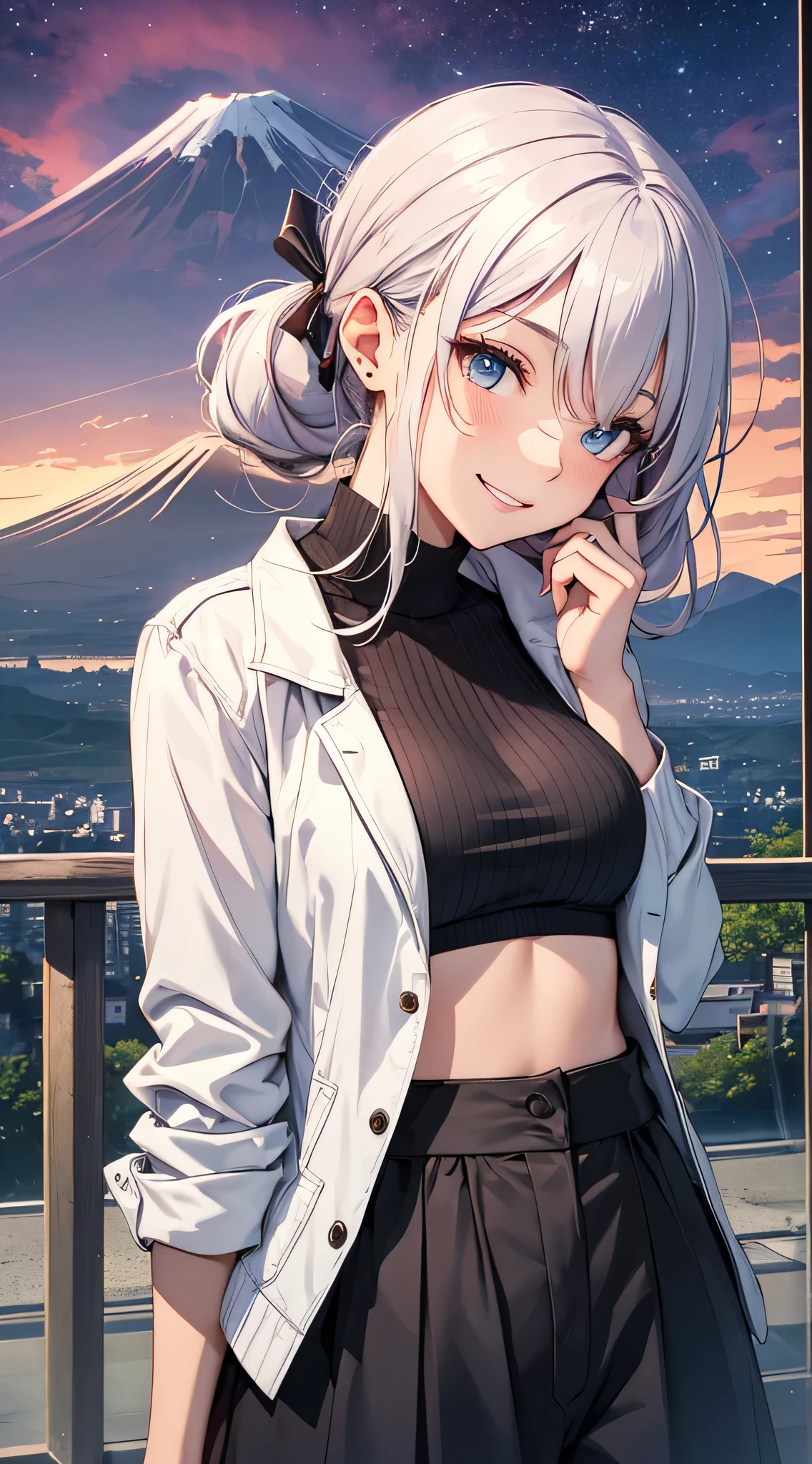 top-quality、Top image quality、​masterpiece、teens girl((18year old、 Ager、Best Bust、Medium bust,wide open breast tea、light blue eyerest, bionde、poneyTail、A slender,White jacket、Blue tank top、Black pants、raise both arm、The best smile、Laugh)),hiquality、Beautiful Art、Background with((jpn、Mt fuji、Summit of Mt、Night World))masutepiece、depth of fields、movie、visualart、Perfect Art