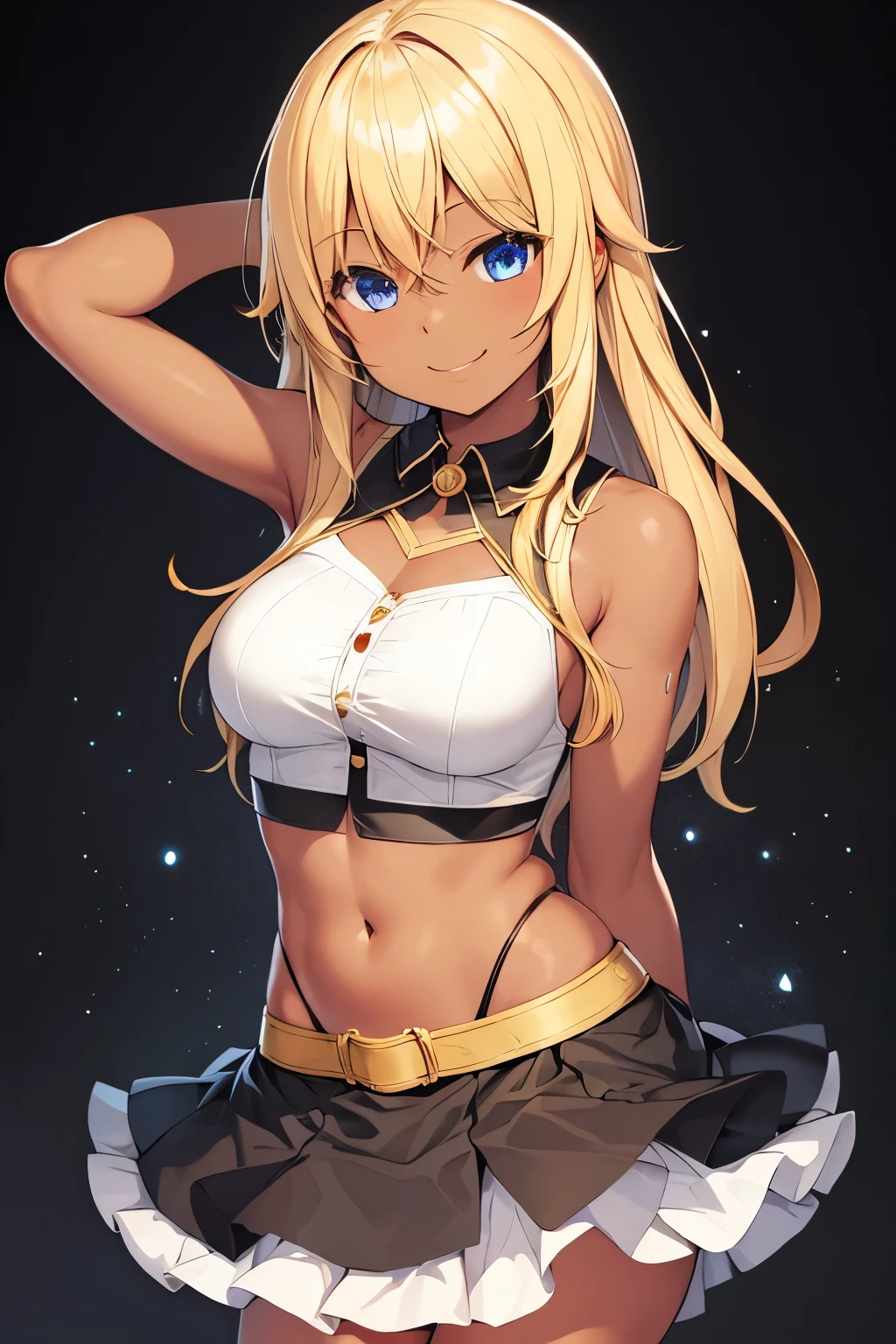 girl, smile, cute, blonde, dark skin, sleeveless, skirt,