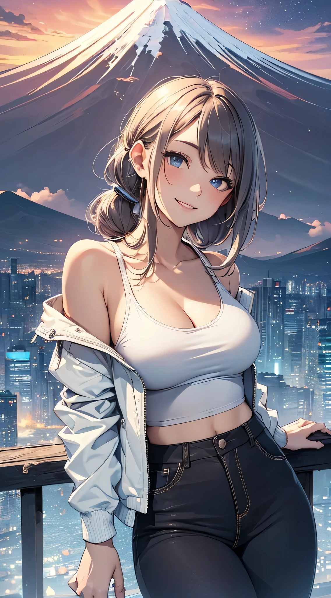 top-quality、Top image quality、masterpiece、teens girl((18year old、 Ager、Best Bust、Medium bust,wide open breast tea、light blue eyerest, bionde、poneyTail、A slender,White jacket、Blue tank top、Black pants、raise both arm、The best smile、Laugh)),hiquality、Beautiful Art、Background with((jpn、Mt fuji、Summit of Mt、Night World))masutepiece、depth of fields、movie、visualart、Perfect Art