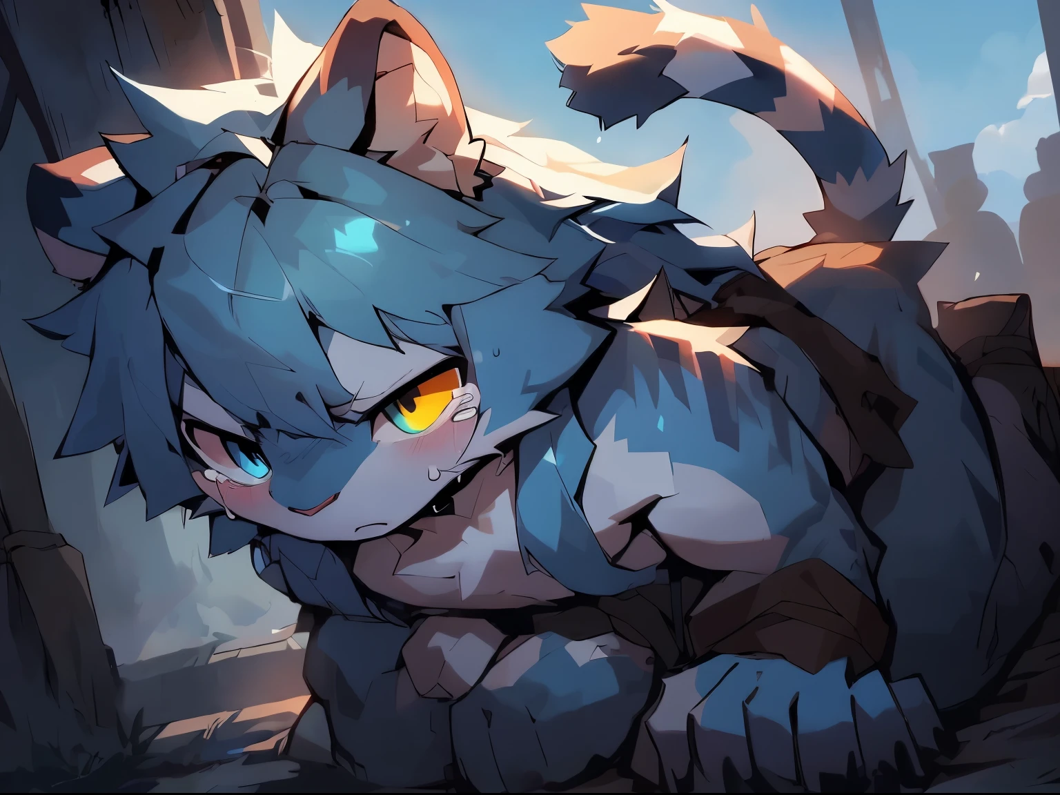 A man with a white tiger, a sky-blue striped tiger pattern, a long tiger tail, a yellow left eye, a sky-blue right eye, blue eyebrows, sky-blue hair, long hair, eyes closed,white,naked,prison background,serious expression,South Korea,penis,Big,tears,pain,painful,limbs tied,Overpowered,bondage,catcher,Kneeling
