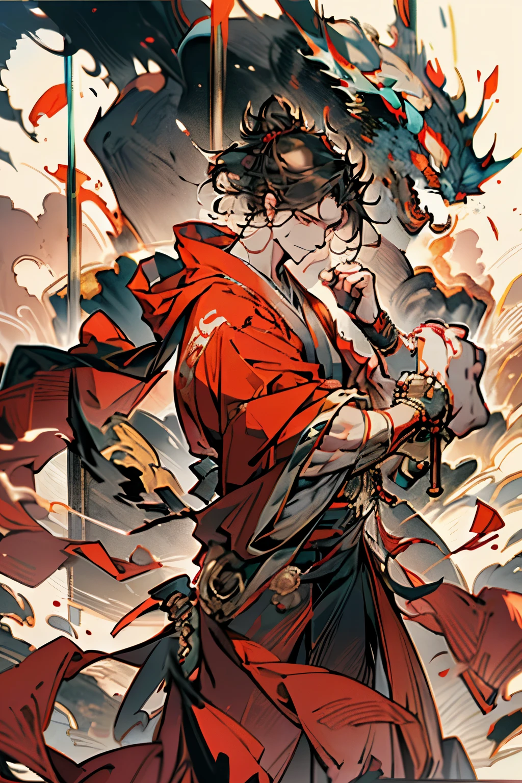(Best quality at best,4K,8K,A high resolution,tmasterpiece:1.2),A man,ultra - detailed,(actual,photoactual,photo-actual:1.3 likes, , monk clothes, only, disheveled black hair,curlies, 黑The eye, cloaks, Shaolin,prayer beads,swordsman,Vajra Lux, Muscle tissue,strong, Short hair details, Background with, Alone,,Ferocious , ((tmasterpiece)),Demon God,asura from chinese myth,高大的Muscle tissue男, broad shoulder,Monk's robes,swordsman,Vajra Lux,Muscle tissue,Fierce