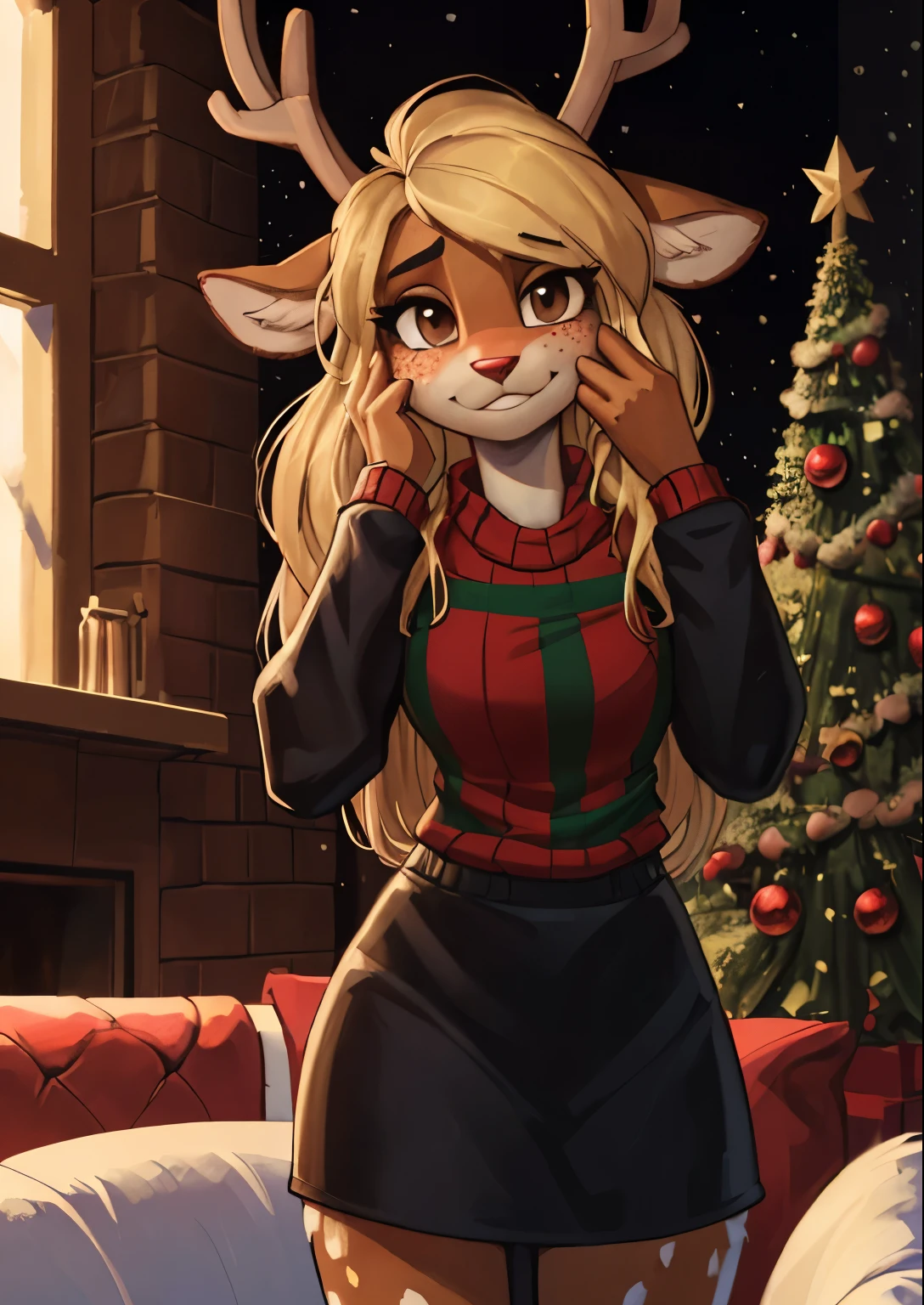 [noelleholiday], [Deltarune], [Uploaded to e621.net; (Pixelsketcher), (wamudraws), (woolrool)], ((masterpiece)), ((HD)), ((highres)), ((solo portrait)), ((front view)), ((waist up)), ((furry; anthro)), ((detailed fur)), ((detailed shading)), ((beautiful render art)), ((intricate details)), {anthro deer; brown fur, red nose, brown eyebrows, (cute freckles), cute brown eyes, (short eyelashes), (deer antlers), long blonde hair, short fluffy tail, (beautiful defined legs), (blushing), (nervous smirk)}, {(green and red white-collared checkered sweater), (black sleeves), (short black pencil skirt)}, {(standing), (hand in hair), (looking at viewer)}, [background; (living room), (fireplace), (christmas decorations), (window), (snow in window), (starry sky)]