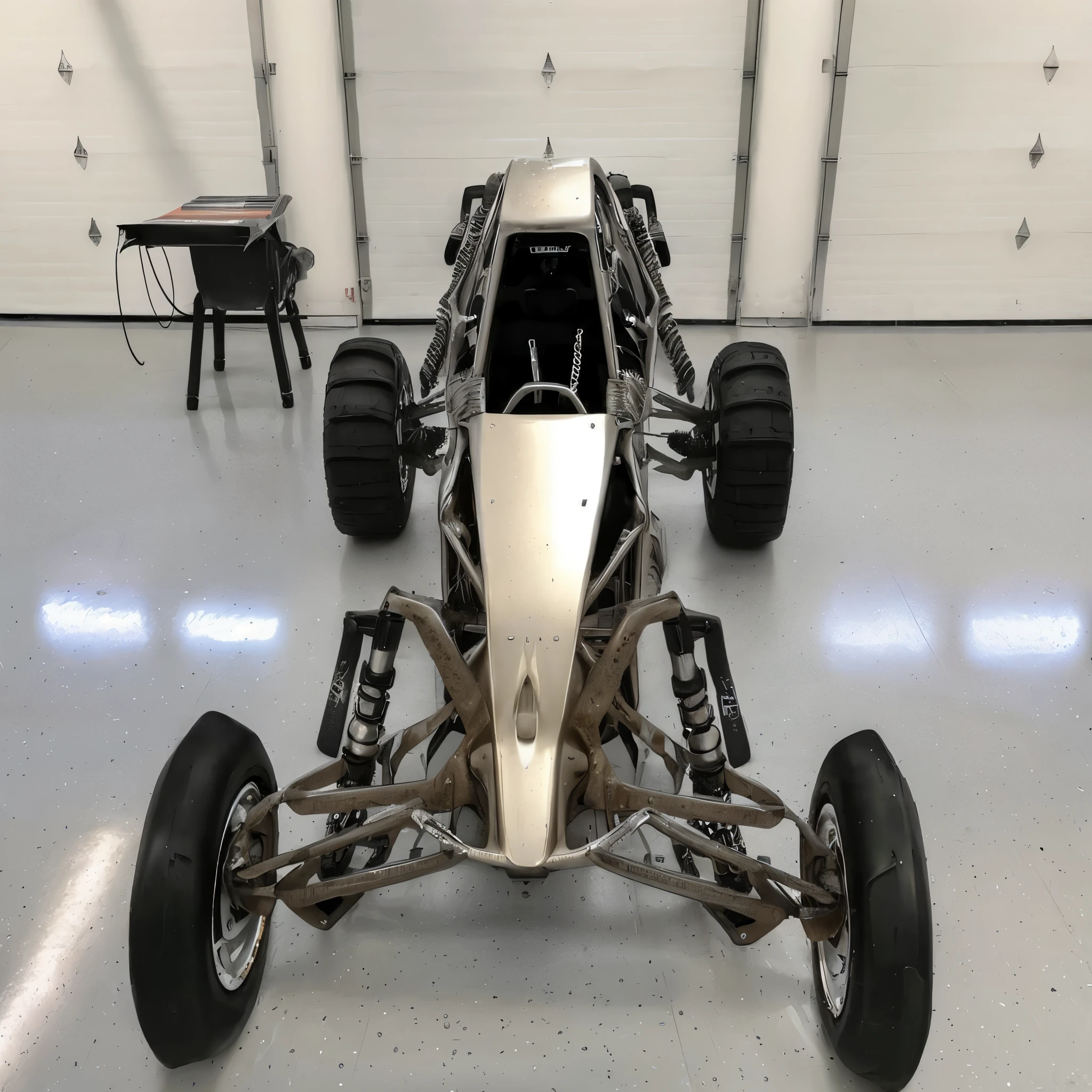 there is a silver race car with a big wheel on the floor, long front end, buggy, full body wide shot, front shot, tesla dune buggy, wide long shot, ultra wide shot, front side full, indoor shot, extreme wide shot, very wide shot, mid body shot, full - body - front - shot, front side views full