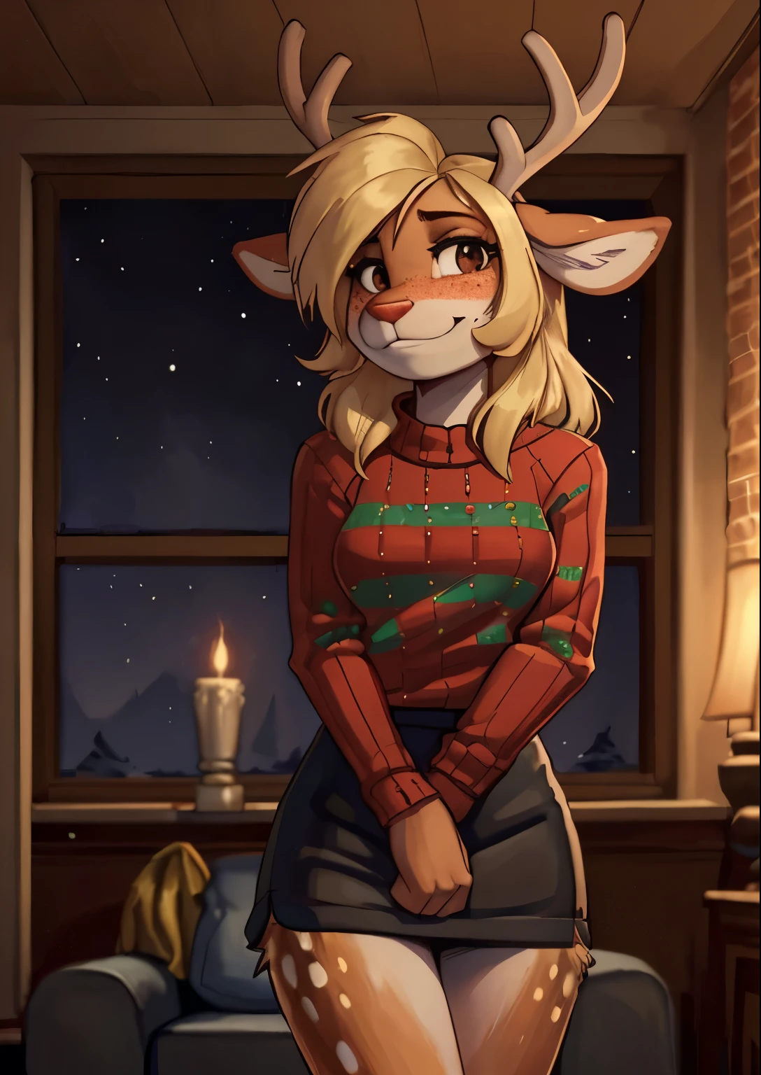 [noelleholiday], [Deltarune], [Uploaded to e621.net; (Pixelsketcher), (wamudraws), (woolrool)], ((masterpiece)), ((HD)), ((highres)), ((solo portrait)), ((front view)), ((waist up)), ((furry; anthro)), ((detailed fur)), ((detailed shading)), ((beautiful render art)), ((intricate details)), {anthro deer; brown fur, red nose, brown eyebrows, (cute freckles), cute brown eyes, (short eyelashes), (deer antlers), long blonde hair, short fluffy tail, (beautiful defined legs), (blushing), (nervous smirk)}, {(green and red white-collared checkered sweater), (black sleeves), (short black pencil skirt)}, {(standing), (hand in hair), (looking at viewer)}, [background; (living room), (fireplace), (christmas decorations), (window), (snow in window), (starry sky)]