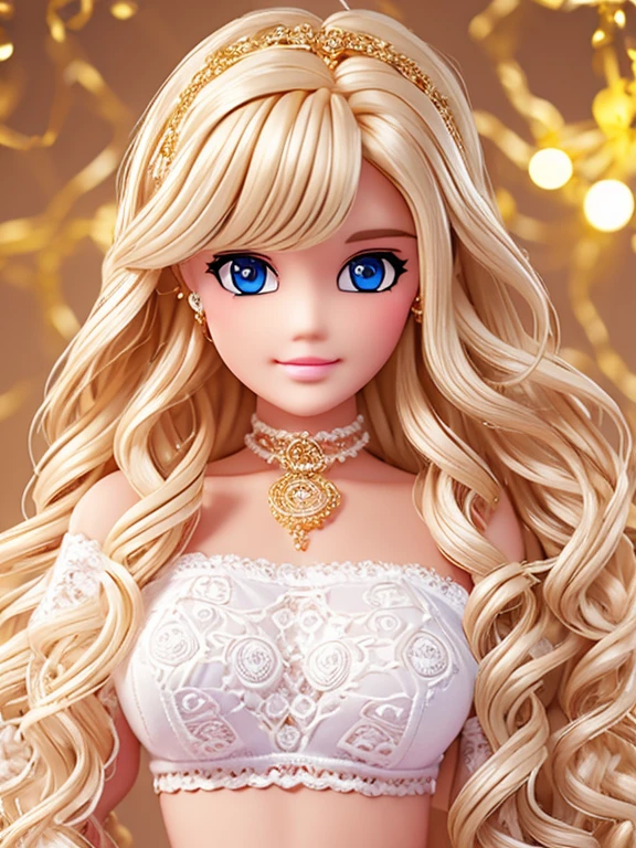 wavy hair wavy hair（（（The eyes are delicate））），（（（hair adornments））），choker necklace，Barbie wears sexy white and gold lace sweater，New Year decorations are everywhere on the road（（（tmasterpiece）））， （（Best quality））， （（intricately details））， （（hyper realisitc））（8K）