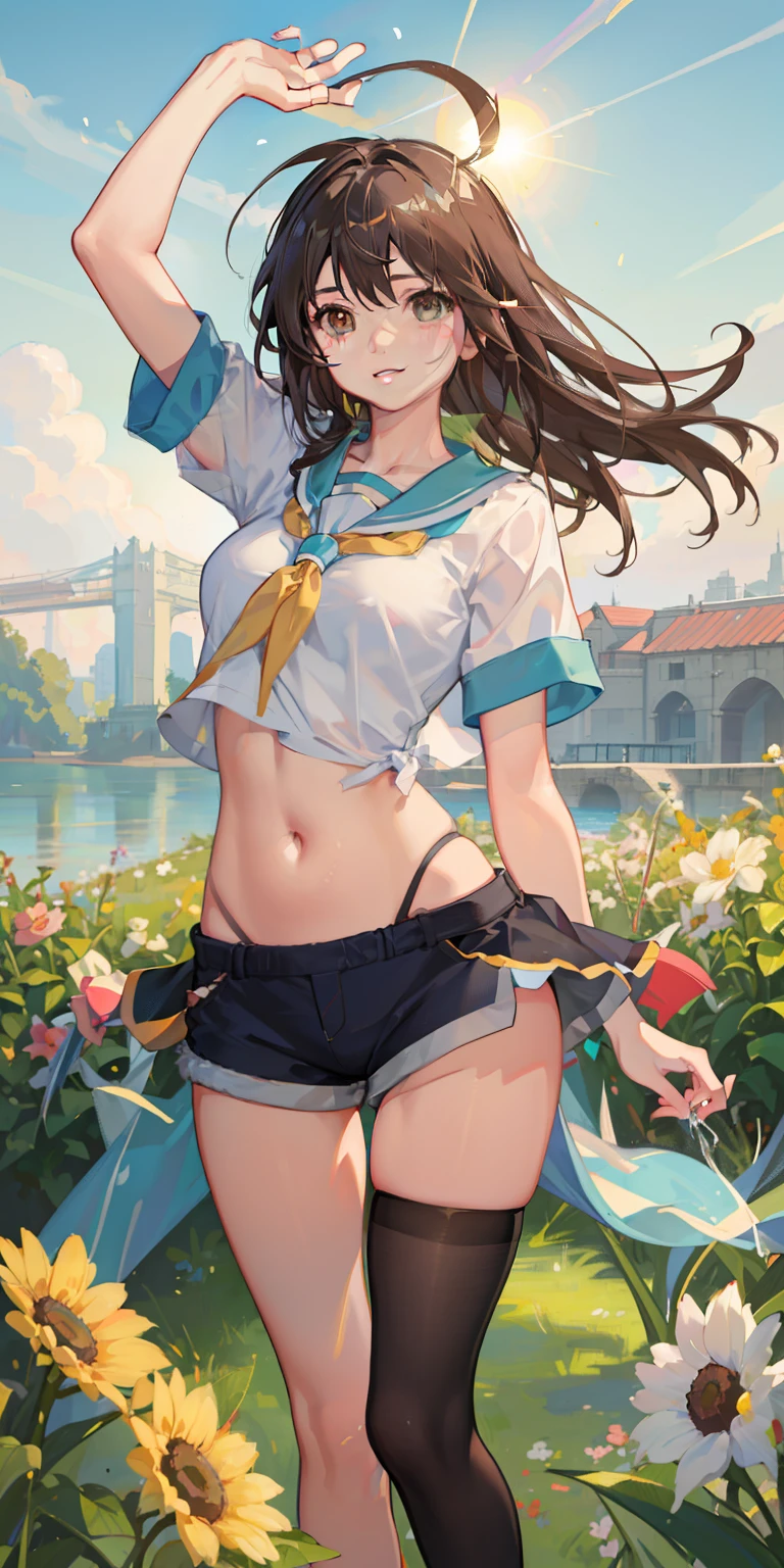 masterpiece, best quality, realistic, adult girl, smile, Aqua Konosuba, long brown hair, brown eyes, bright eyes, short shirt, perfect belly, ripped short shorts, tight tights, perfect legs, parted lips, blush, night, flowers, sun, sunlight.