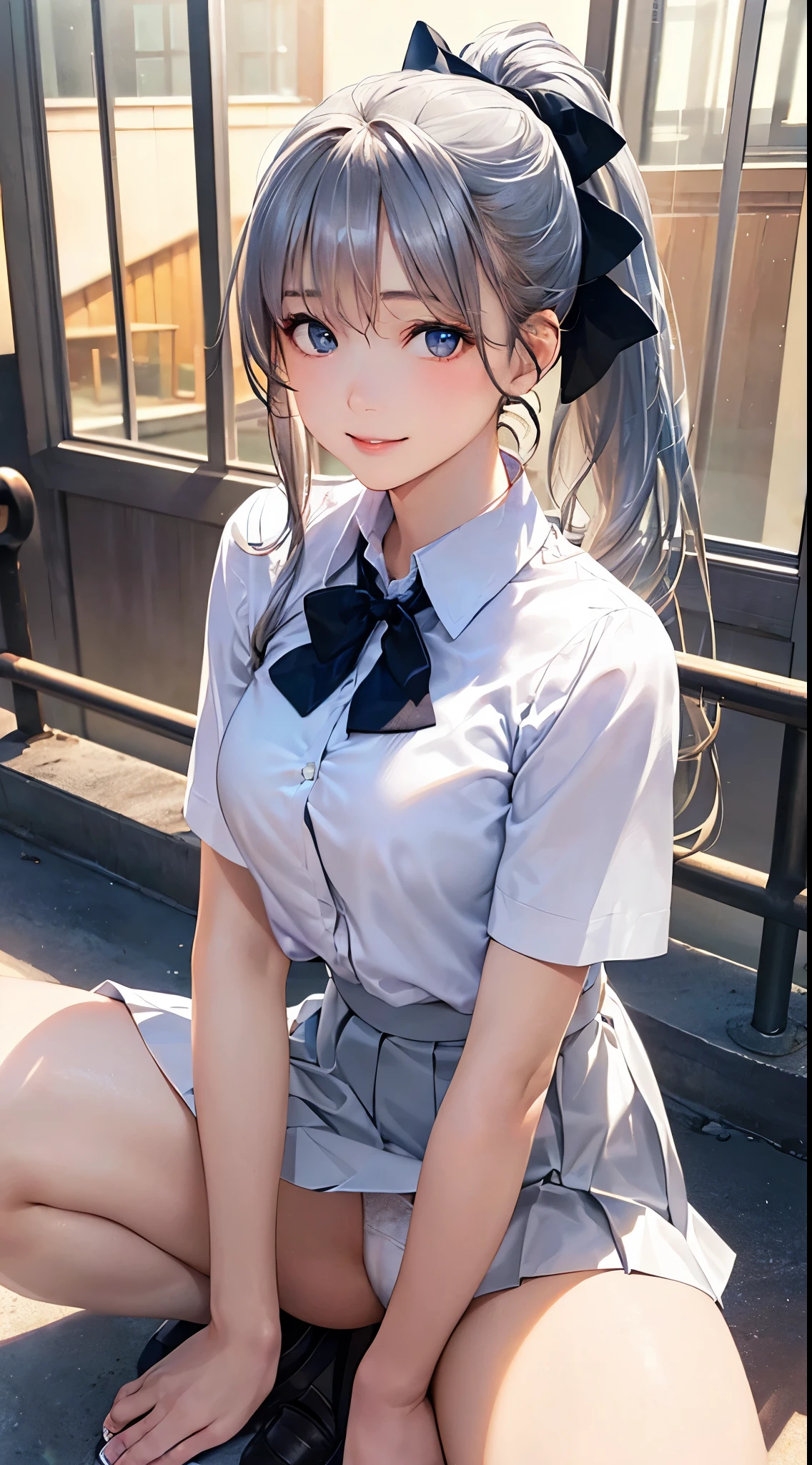 (masterpiece:1.2, top-quality), (realistic, photorealistic:1.4), beautiful illustration, looking at viewer, full body, front view:0.6, 
1 girl, japanese, high school girl, (long hair:1.5, ponytail:1.5), ((silver hair)), bangs, hair between eye, blue eyes, large breasts:0.8, 
beautiful hair, beautiful face, beautiful detailed eyes, beautiful clavicle, beautiful body, beautiful breasts, beautiful thighs, beautiful legs, break, 
((collared shirt, white shirt, pleated skirt, russet bow tie, russet hair ribbon)), white panties, 
(beautiful scenery), school, (standing, spread legs, waving), lovely smile,