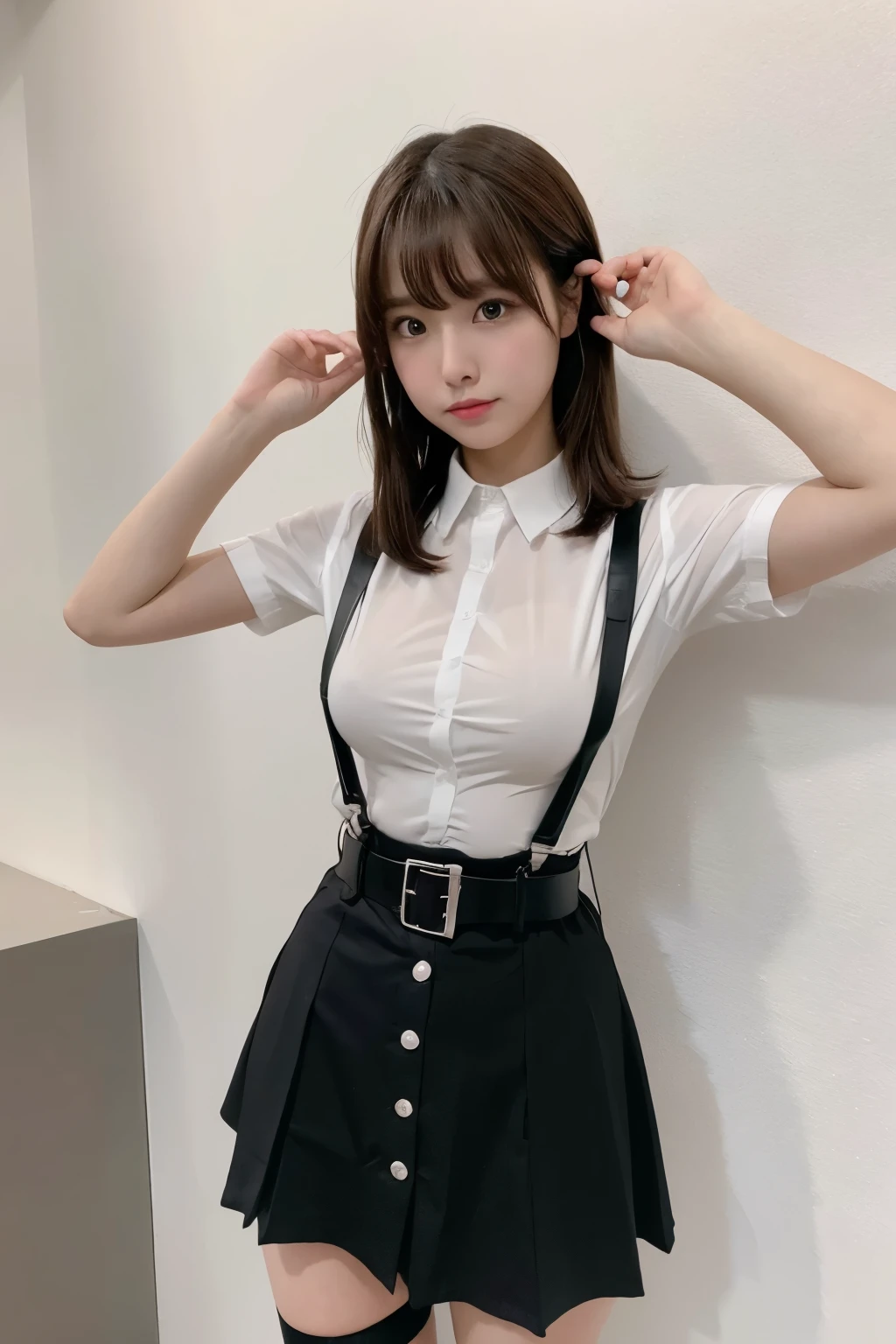 Brown hair、watching at viewers　　suspenders　　　big breasts　　 　 　　　　Black miniskirt　garterbelts　knee high socks　　　　　　Gaze　　　Small face　bangss 　　　　　Beautuful Women　　hands up　　 　Gaze 　Black boots 　　　Armpit sweat　soio 　　Fold your hands behind your back　Belt Shirt　teats