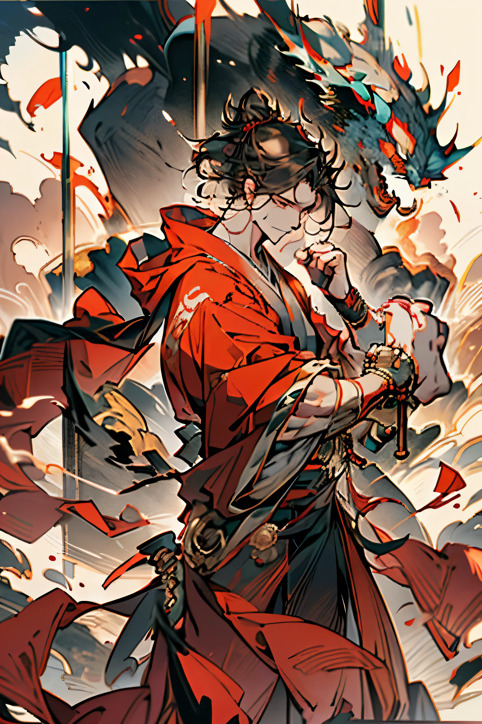 (Best quality,4K,8K,A high resolution,tmasterpiece:1.2),of a guy,ultra - detailed,(actual,photoactual,photo-actual:1.3 likes, , Monk's robes, only, disheveled black hair,curlies, 黑The eye, cloaks, Shaolin,prayer beads,swordsman,Vajra Lux, Muscle tissue,strong, Short hair details, Background with, Alone,,ferocious , ((tmasterpiece)),Demon God,asura from chinese myth,高大的Muscle tissue男, Wide shoulders,monk cassock,swordsman,Vajra Lux,Muscle tissue,ferocious的