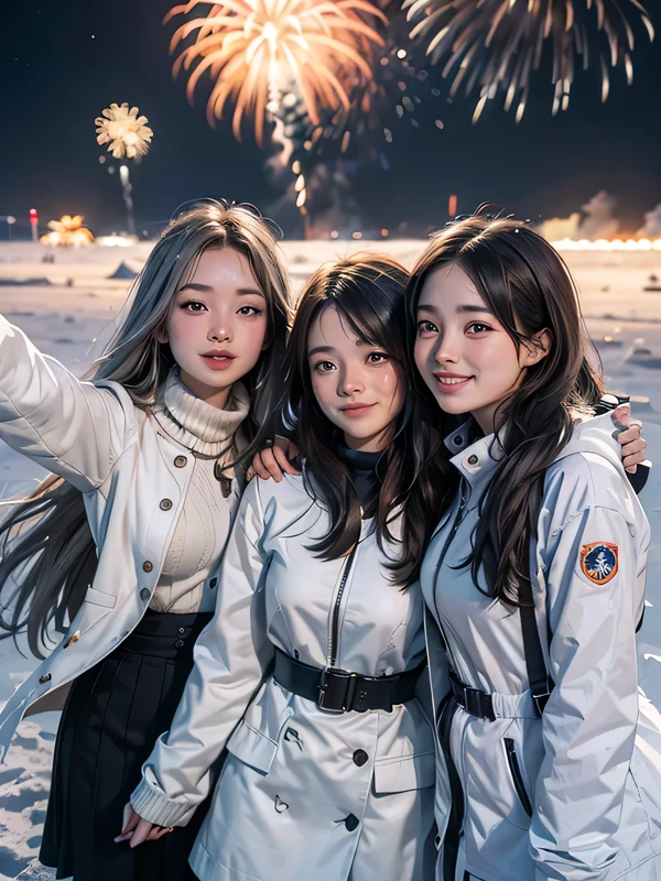 xxmixgirl, 3 girls, friends, three girls, smiling, happy, fireworks, fire work fisheye, selfie, wind, messy haur, Generate a stunning image of three girl with brown hair and one with gray hair wearing a white silver jacket, taking a selfie amidst the ethereal beauty of a white desert on the moon's surface at night, 3 girls yaking selfie together, watching the fireworks in the sky, 3 girls, three girls, friends, The lunar environment should radiate tranquility and futuristic charm, emphasizing the contrast between the gray and white tones of the moon's surface and the architectural marvels, fire works in the sky. earth visible from space, silver gray white jacket