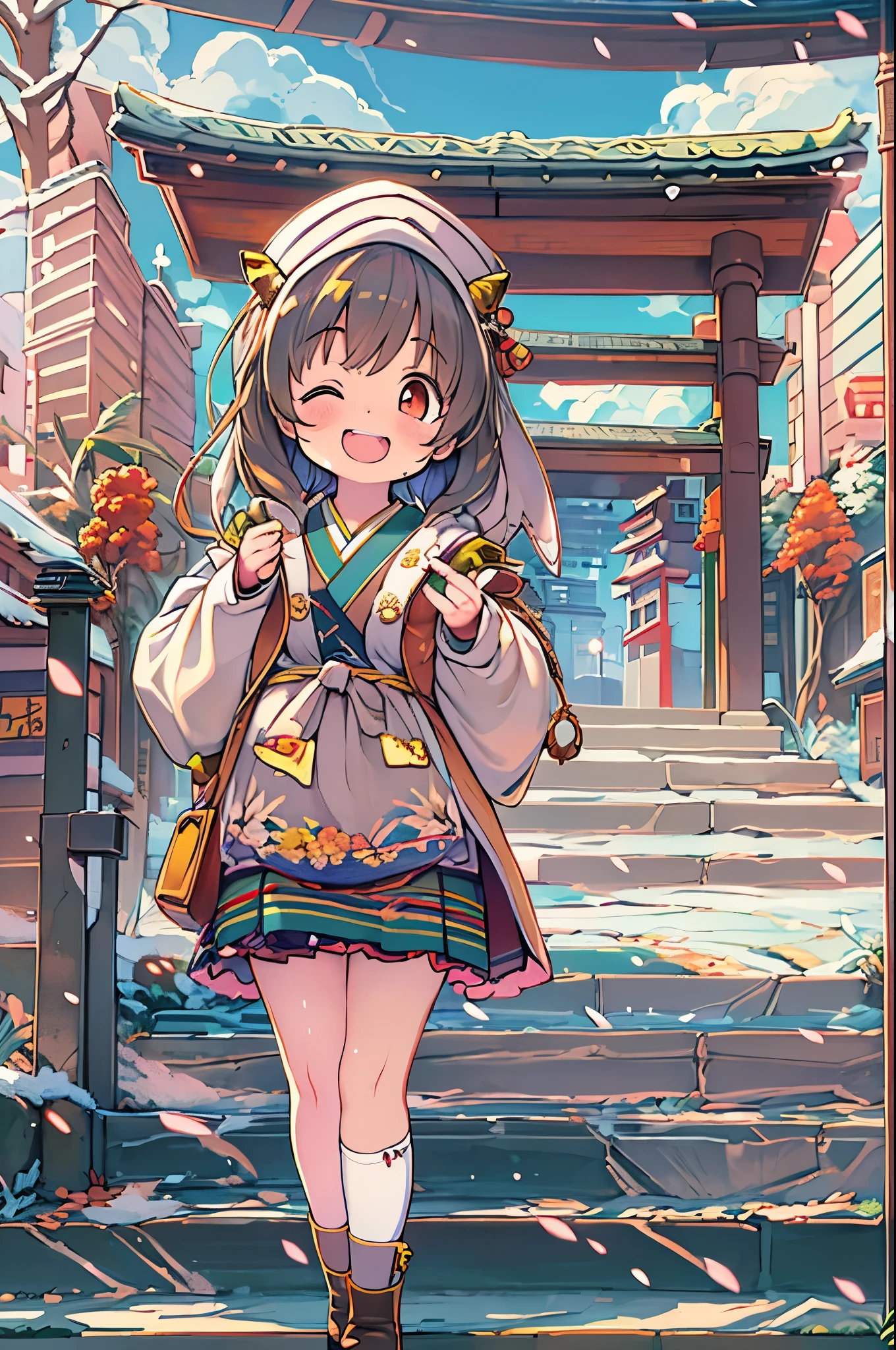 huge-breasted、kawaii、(Sunny Clothes)、torii gate,((Oblique angle))、{{close up to face}}、one eye closed、winking、A big smile、bbw、thick thight、big butts、Ultramammy,Chibi, Winter days, Anime Background Art, japanese art style, beautiful anime scene,detailed scenery - width 672, Background art, Anime landscapes, Anime Background, Beautiful anime scenery, Beautiful peace scenes in anime, landscape artwork, Japan Village, Anime landscapesコンセプトアート, 8K))、、