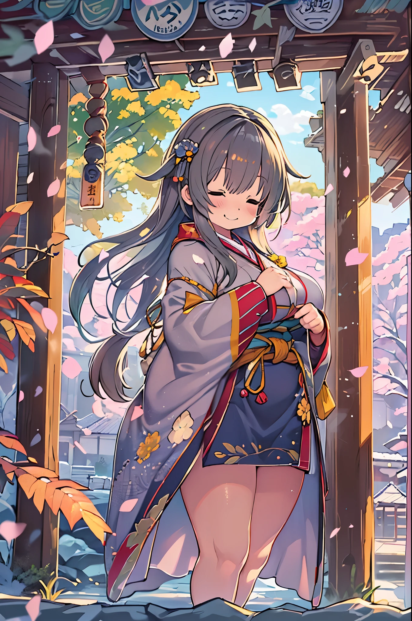 huge-breasted、kawaii、(Sunny Clothes)、torii gate,((Oblique angle))、{{close up to face}}、one eye closed、winking、A big smile、bbw、thick thight、big butts、Ultramammy,Chibi, Winter days, Anime Background Art, japanese art style, beautiful anime scene,detailed scenery - width 672, Background art, Anime landscapes, Anime Background, Beautiful anime scenery, Beautiful peace scenes in anime, landscape artwork, Japan Village, Anime landscapesコンセプトアート, 8K))、、