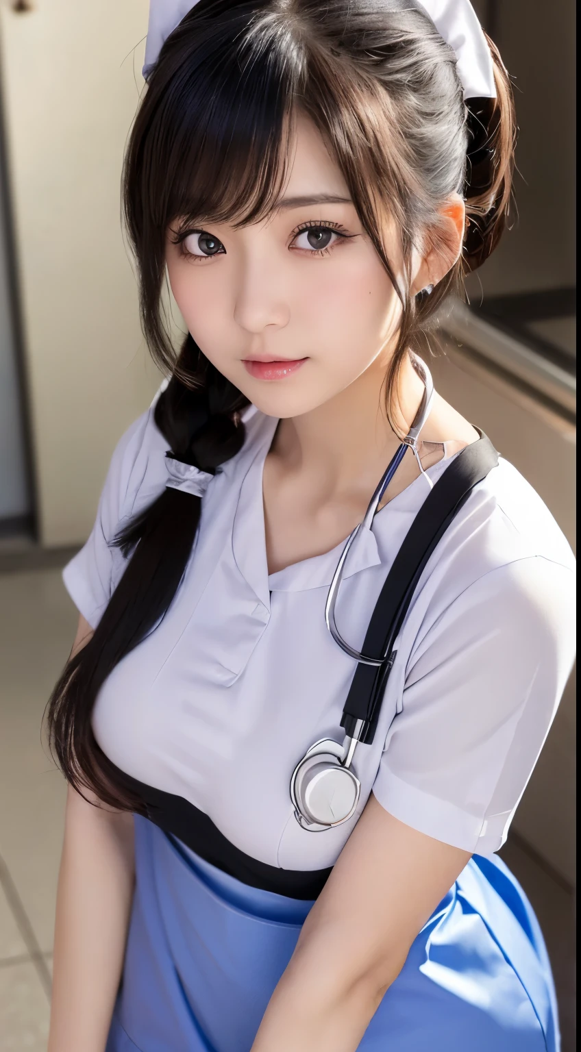 (1人の女性、japanes、22year old、Refreshing、unclear、Gentle、stylish、attractive narrow eyes、wretched、天使のようにcute little、cute little、A little chubby、Black eyes、idol,女優、huge tit,Sagging milk),(large drooping breasts).(very cute)、(A dark-haired),mesmerizing eyes、(in 8K、Raw photography、top-quality、masterpiece:1.2、optimal lighting)、masterpiece,(Photos taken by professional photographers),(realisitic、フォトrealisitic:1.37),break,,(nurse cosplay), ,( A nurse's uniform with a shiny and shiny texture),(nurse costume), (pony tail), all fours,hand on waist,dynamic angle,a little angry