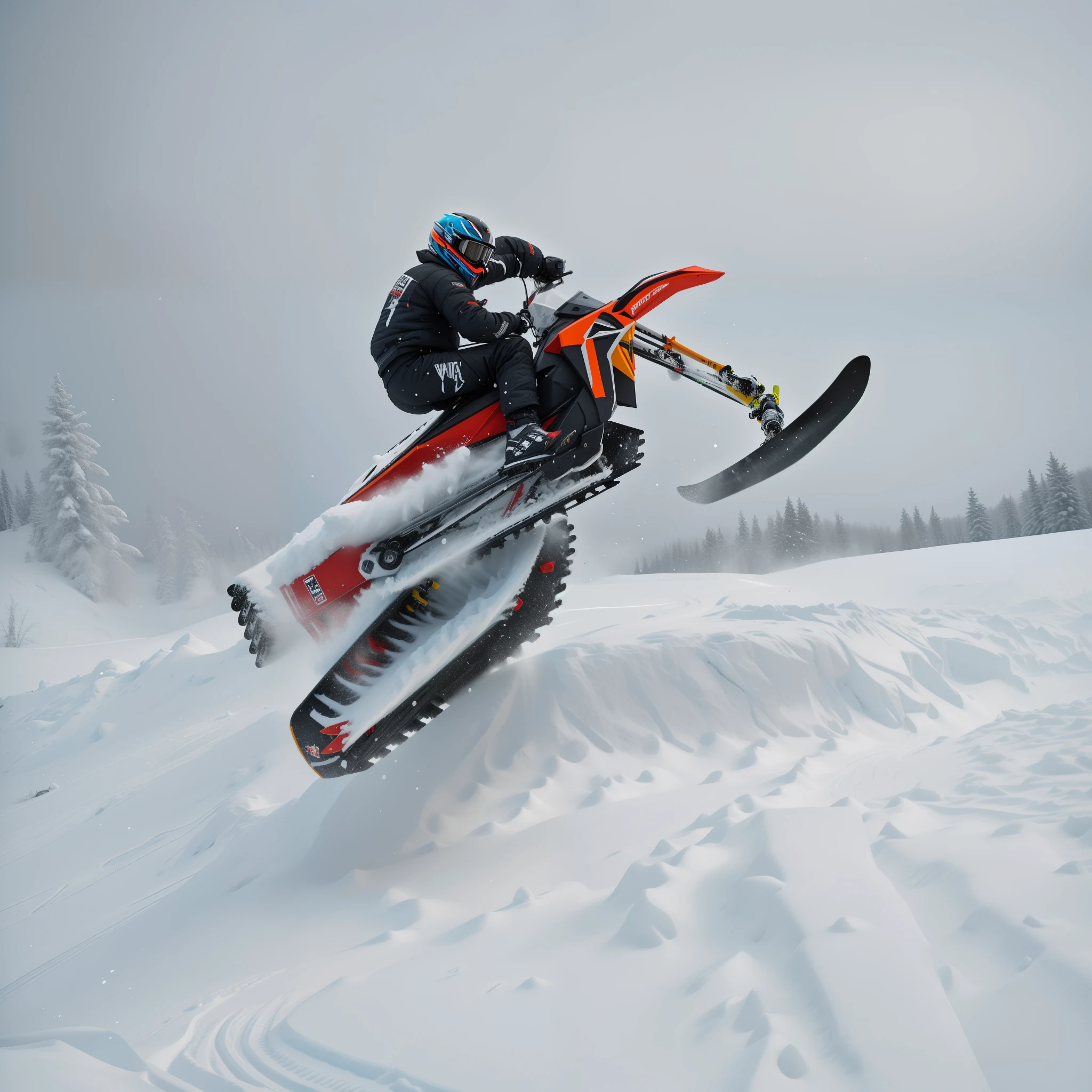 skier in mid air doing a trick on a snowmobile, greg rutkowski ”, skidding, zach hill, jeremy elbertson, matt wisniewski style, ben ridgeway, jeremy bennett, jamie coreth, epic action shot, wheelie, wideangle action, super wide, greg rutkowski style, wide angle dynamic action shot, high snow, whips
