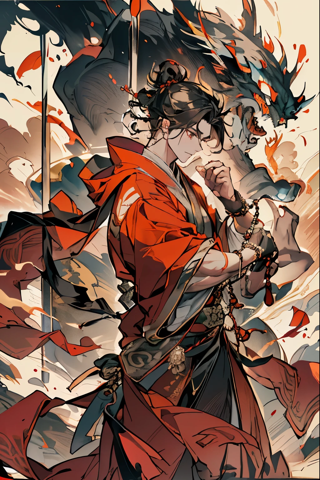 (Best quality,4K,8K,A high resolution,tmasterpiece:1.2),of a guy,ultra - detailed,(actual,photoactual,photo-actual:1.3 likes, , Monk's robes, only, disheveled black hair,curlies, 黑The eye, cloaks, Shaolin,prayer beads,swordsman,Vajra Lux, Muscle tissue,strong, Short hair details, Background with, Alone,,ferocious , ((tmasterpiece)),Demon God,asura from chinese myth,高大的Muscle tissue男, Wide shoulders,monk cassock,swordsman,Vajra Lux,Muscle tissue,ferocious的