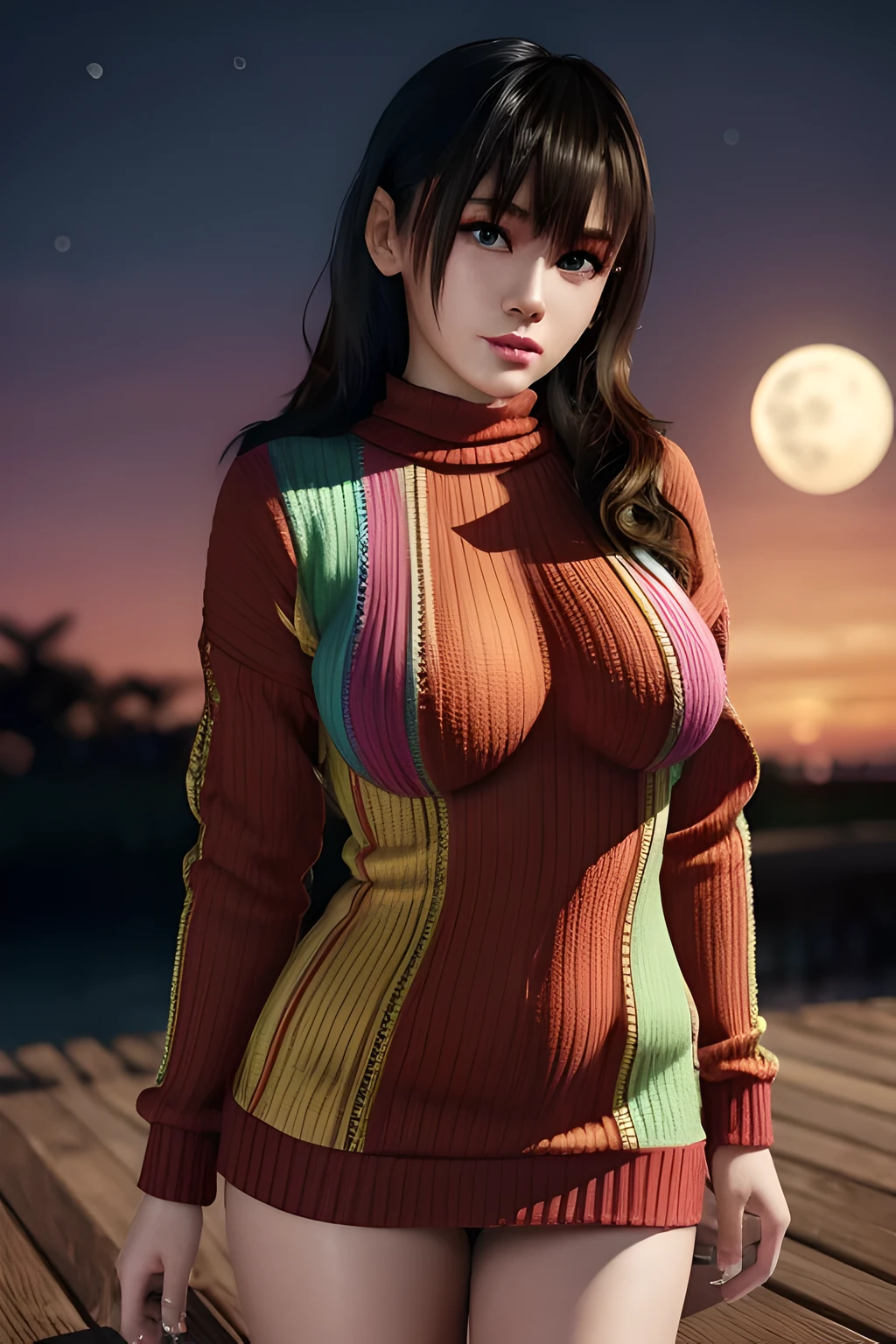 Desaturate Hue, 流行超Realistis,1 girl,seven waves,(Dressed in vibrant rainbow color scheme art; Su embroidery craft; knitted sweater dress),jewely,(Tattooed with:1),during night, full_themoon, As estrelas,Redlip,(gigantic cleavage breasts),(tmasterpiece:1.5),( Best quality at best:1.4),(Realistis:1.4), detailed,8K,number art,detailed头发,Expressive eyes, s the perfect face, real fingers,depth of fields,Similar colors,a warm color palette,softlighting,low-contrast,hard shadows,full body,