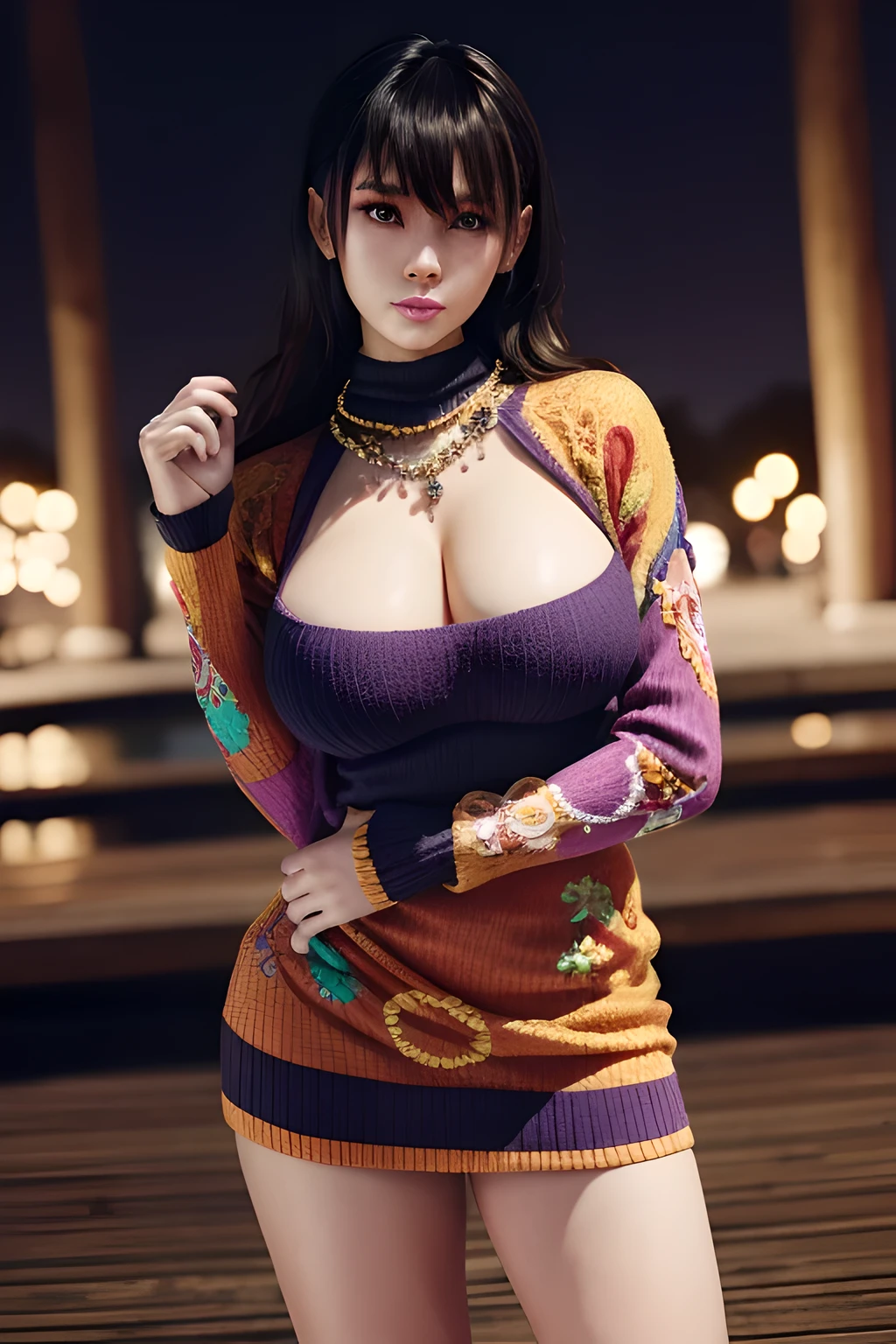Desaturate Hue, 流行超Realistis,1 girl,seven waves,(Dressed in vibrant rainbow color scheme art; Su embroidery craft; knitted sweater dress),jewely,(Tattooed with:1),during night, full_themoon, As estrelas,Redlip,(gigantic cleavage breasts),(tmasterpiece:1.5),( Best quality at best:1.4),(Realistis:1.4), detailed,8K,number art,detailed头发,Expressive eyes, s the perfect face, real fingers,depth of fields,Similar colors,a warm color palette,softlighting,low-contrast,hard shadows,full body,