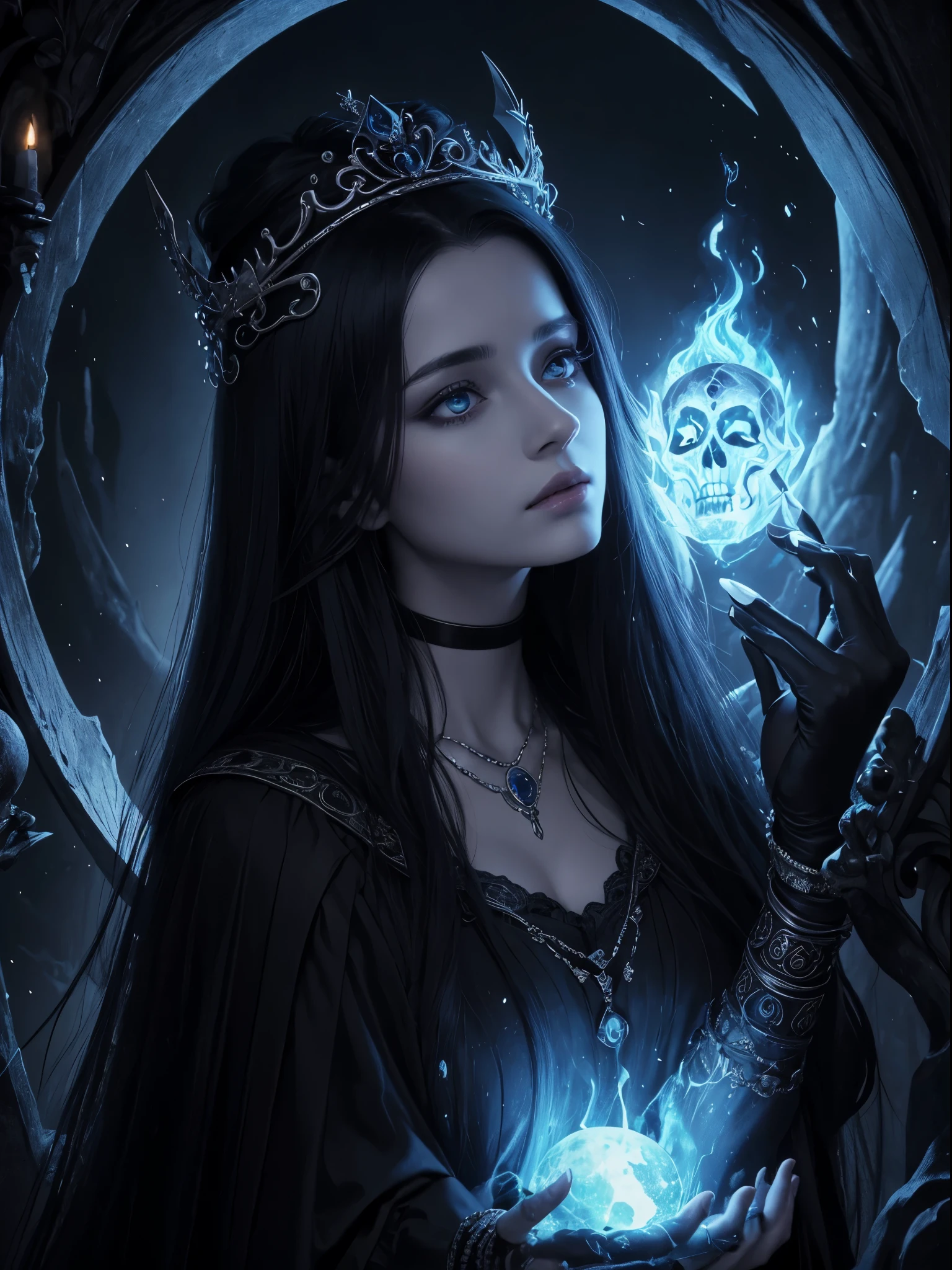 Black and blue tones、Hell、purgatory、Mozart's Requiem、Mystical、horor、gotik、darkness、karo、badas、epidemic、ruler、Pitch Black Darkness、hopelessness、lamentation、oppression、nothingness、intense cold、Black Ghost、Adult female mature woman in her 40s、Queen of the Dead、Persephone、lilith、hades、awe、immortal、draconian、Awe-inspiring Hall々、Proud、noble、dignity、solemnity、Bewitching、Chaste and lascivious cohabitation、hatred、obsession、jewely、ruthless、greed、3-point live method、Oil Painting、Best Quality、hight resolution、foco nítido、Perfect angle、perfect-composition、from side、Portrait of Queen D，Highly detailed footage of the Queen of the Dead，Stunning portrait of the Queen of the Exparted，Portrait of the Queen of the Dead，Full body close-up of the Queen of the Dead