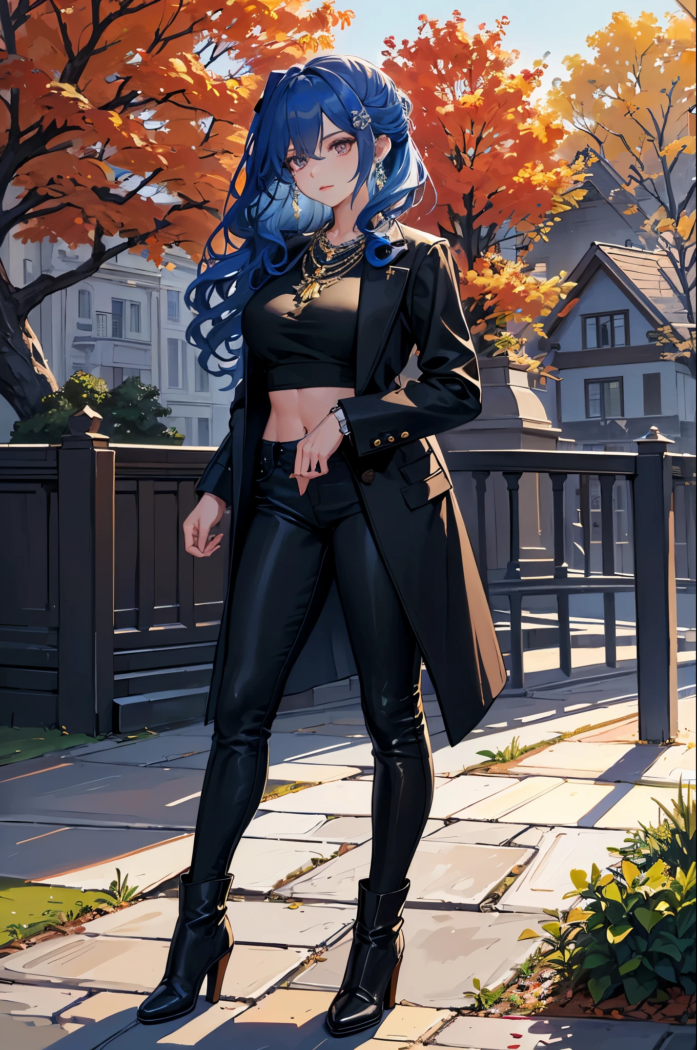 ((Masterpiece, Best Quality)), St. Louis \(Luxury Wheels) \(Azure Lane), High Resolution, Highest Quality, Illustration, Cinematic Light, Super Detailed, Detailed Face, (Most Detailed Quality, Ultra Detailed, Masterpiece , (detailed face), PARK, Hair open wavy, Earrings, Necklace, Portrait, Wearing a sweater, a coat, black pants, Black boots, midriff, casual clothing, Highest level of detail, Bright eyes, (Park:1.2), Standing in the park, standing, park, nature, night sky, backlight, light, (high contrast), (color), only, red detailed beautiful eyes