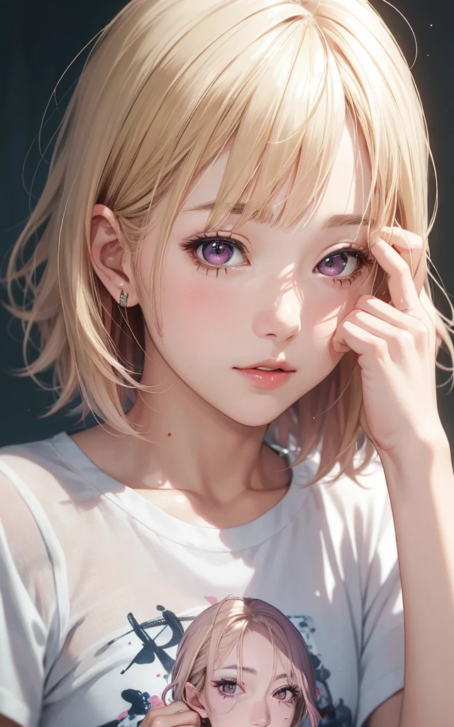 (portrait), (style of ayami Kojima), nudist, Haruno Sakura, blonde hair, pink eyes, bobcut, perfect face, realistic, lifelike, lip gloss, messy hair, blushing, sparkling eyes, dynamic motion, motion lines, milk on face, white t-shirt, mascara