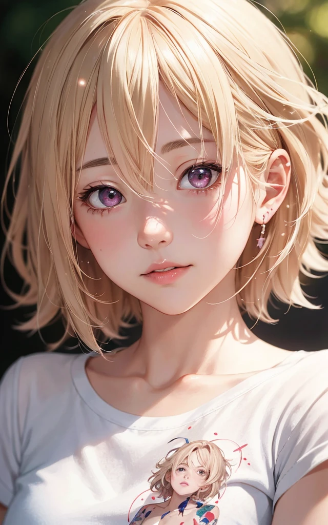 (portrait), (style of ayami Kojima), nudist, Haruno Sakura, blonde hair, pink eyes, bobcut, perfect face, realistic, lifelike, lip gloss, messy hair, blushing, sparkling eyes, dynamic motion, motion lines, milk on face, white t-shirt, mascara