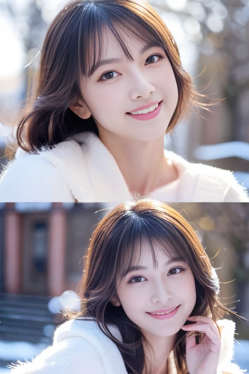 Beautiful woman with good eyes and nose、Beautiful as a model、Cute like a model、Eyes are double、How to use regular mascara、Eye color blue、Hair color pink、Her face is delicate and elegant.、8k picture、Beautiful style like a model、Ordinary large、A refreshing and lovely smile、snowball fight scene、Contains 2 types of scenes: inside and outside the house、Pose like a model、Overall portrait、Snapshots、Glamaloid Smile、Beautiful and delicate face like a model、Best Quality、masuter piece、Cute smile、 Elegant beauty、The season is winter、natural make up、Thin eyeshadow、A little more bust up、