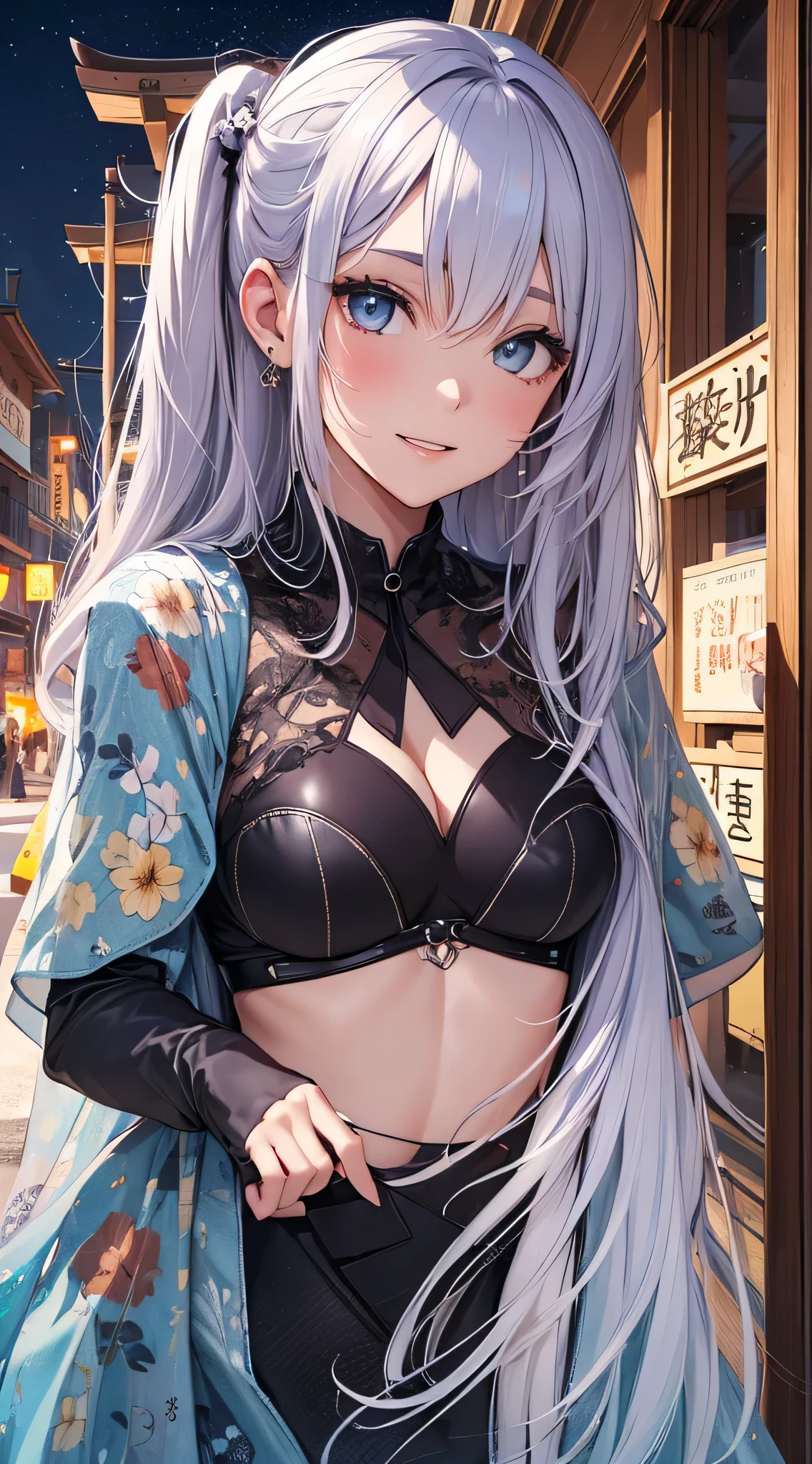 top-quality、Top image quality、​masterpiece、s girl((18year old、 Ager、Best Bust、Medium bust,wide open breast tea、light blue eyerest, bionde、poneyTail、A slender,Fashionable costumes、raise both arm、The best smile、Laugh)),hiquality、Beautiful Art、Background with((jpn、Night World、shrines))masutepiece、depth of fields、movie、visualart、Perfect Art