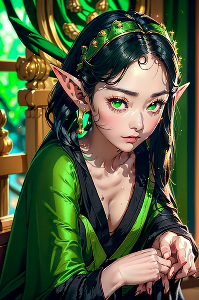 Fine, (Best Illustration), 8K resolution, Intricate details, Best Quality, Realistic, ultra-detailliert, The best lighting, Best Shadows, Ultra HD, ((((cute young woman))), ((Teenage :1.5)), (Glowing red eyes), (Glowing eyes), ((((Long Black Hair: 1.1))), ((Dark green clothes)), (Princess (expression full of curiosity), , (((Wearing a high-detail luxurious green robe))),, Starry night sky, Falling meteors, elf-ears, ((Fair skin)), There is a small emblem on the forehead, Surrounded by giant dragons