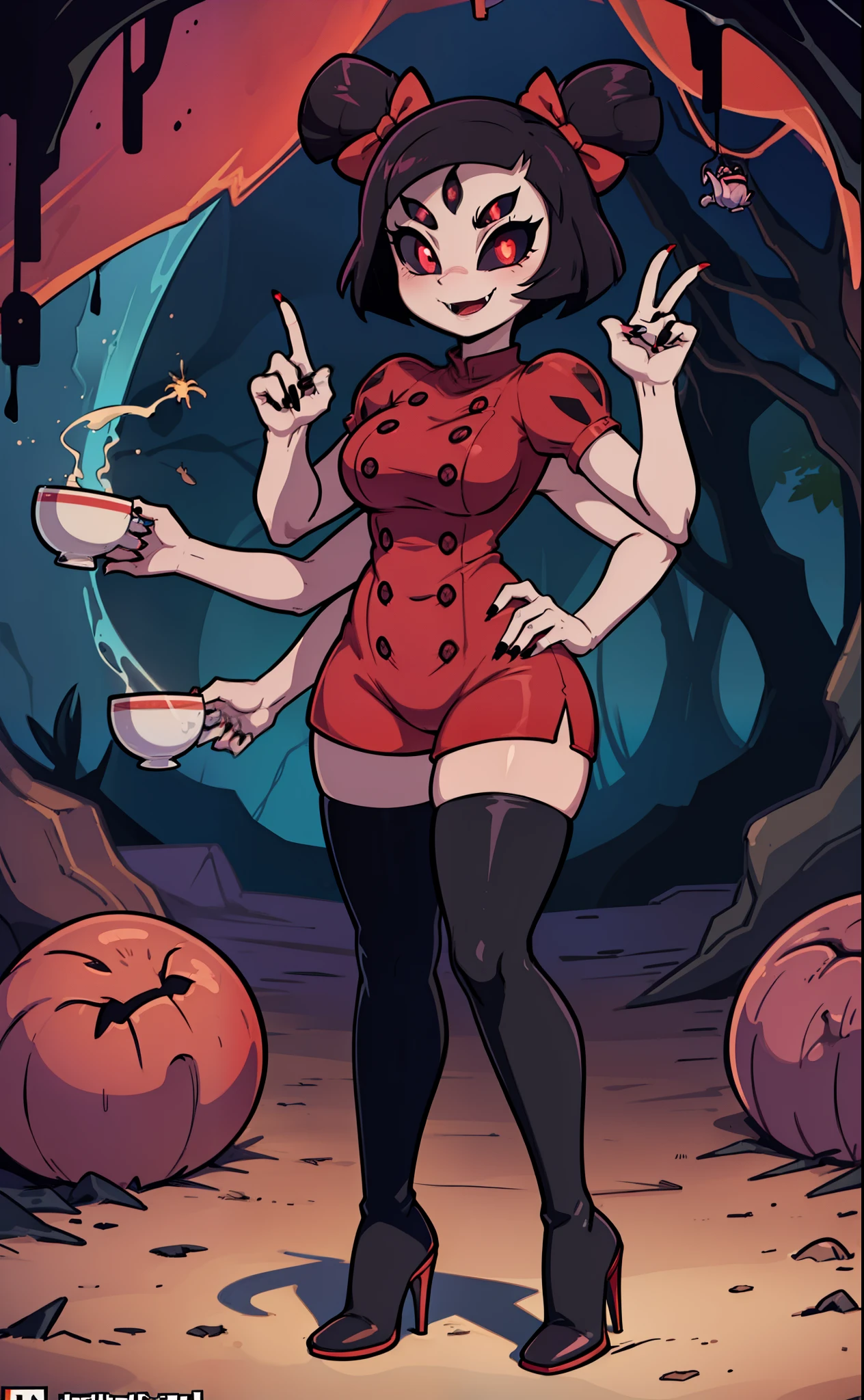 [muffet_(undertale)], [uploaded to e621.net; (napalm_express), (iseenudepeople)], ((masterpiece)), ((HD)), ((High definition)), ((detailed shading)), ((solo portrait)), ((full body)), ((front view)), ((beautiful render art)), ((monster girl)), {(spider girl); purple skin, glowing red eyes, 5 eyes, black hair, (2 hair buns), (6 arms), (sharp nails), (excited expression)}, {(red romper), (buttons), (black knee high heel boots)}, {(walking), (holding teacup)}, [Background; (cave:1.2), (webs), (dark lighting), (spiders)]