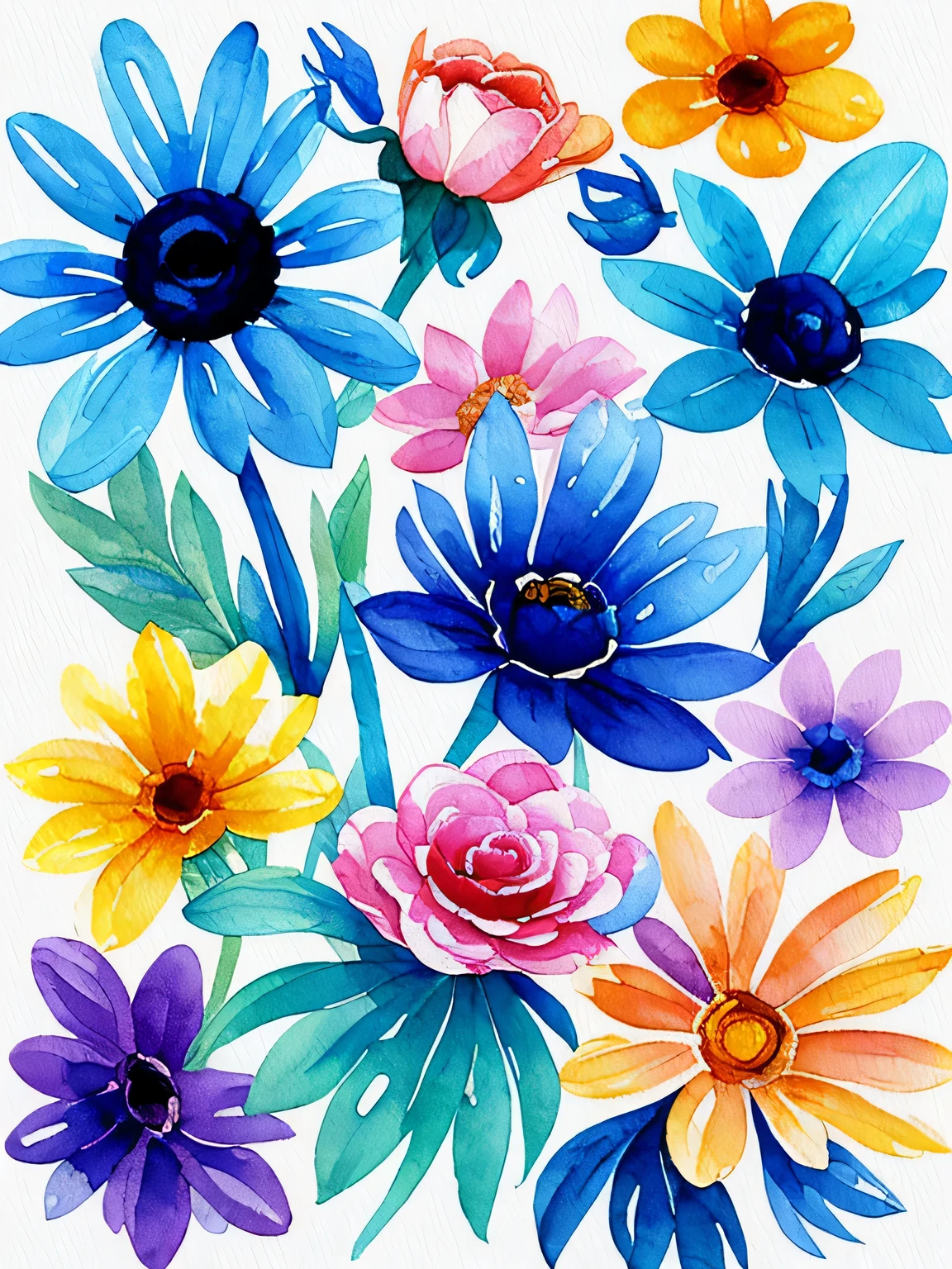 watercolor, flower, beautiful, watercolor style, flower and leaf patterns, wet on wet technique, muted, indigo, fabric design, flat illustration, highly detailed clean, vector image, masterpiece, professional, isometric, bright vector, white background, dry brush, brush strokes, painted on canvas, by J.M.W. Turner. expressive marks.
