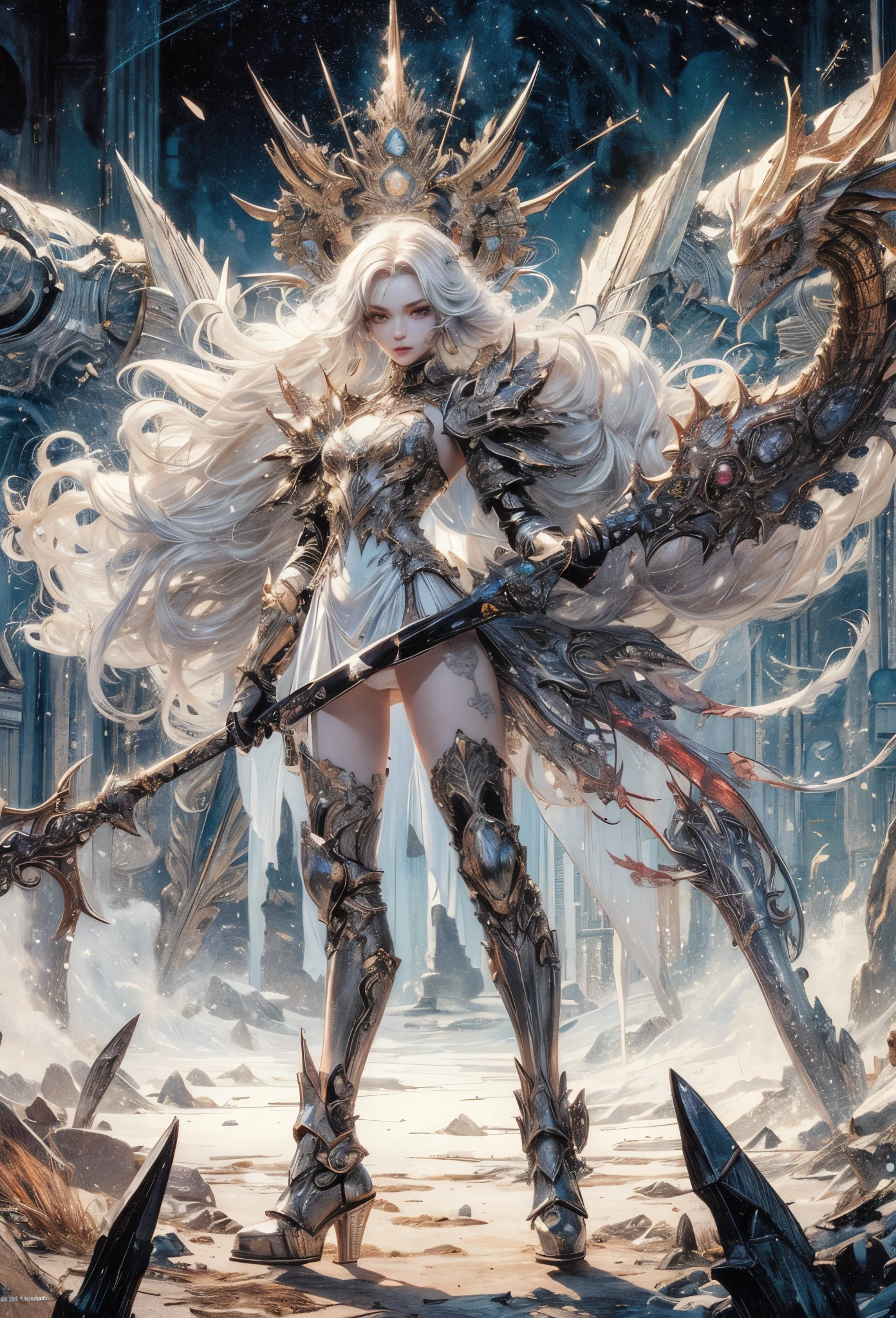 (Detailed illustrations,Very detailed and detailed drawing,Delicate lines with slow and rapid,Realistic texture expression),[Color tressed main line],(Fantasy World Battlefield Background [Burning castle]),(GIRL ROBOT  (White Devil [METALFACE] (SKINNY)) [WEAPON MACHINE][milkyW],[BODY with EDGE [Transparent material]],[use an ax as a weapon],[[Mobile Weapon Gigant Size][Science Fiction Mechanical]],(Pearl luster on the body surface),(Intricate and beautiful decoration [Dense detail]),(Precisely drawn face)[Perfect eye details(Iris beautifully drawn in every detail)[Jewel-like eyes]],[long and beautiful eyelashes],[Meticulously drawn hair [More on beautiful and shiny hair]],(Perfect hand details [Beautiful fingers without breakdowns [Beautiful nails]]),(Perfect Anatomy(Perfectly proportioned))[[Full body like]],[Ideal color coordination(Accurate simulation of light-material interactions)],[Visual art that conveys a sense of narrative].